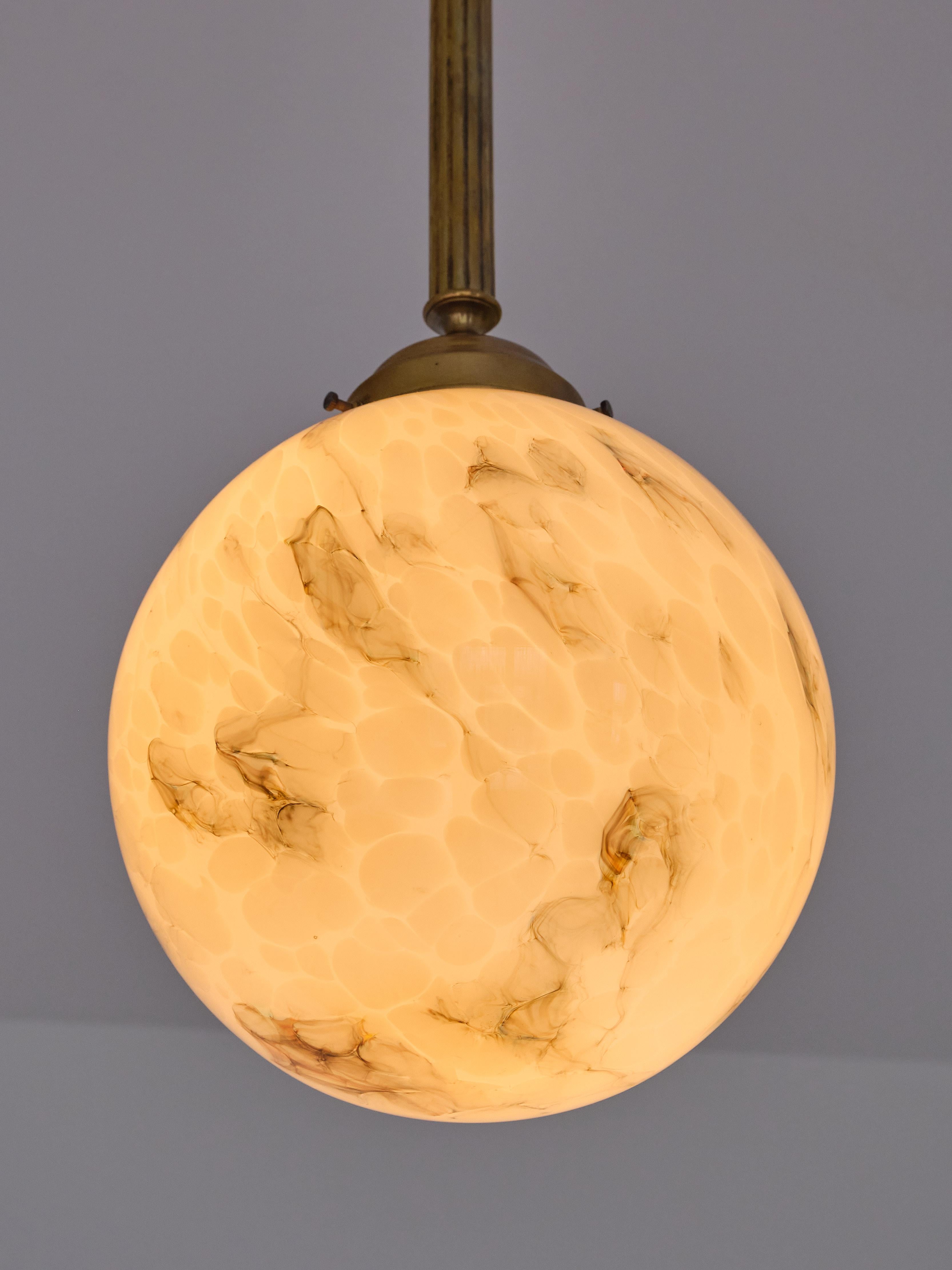 Pair of Art Deco Pendants in Brass and Marbled Glass, De La Mar Theatre, 1940s For Sale 5