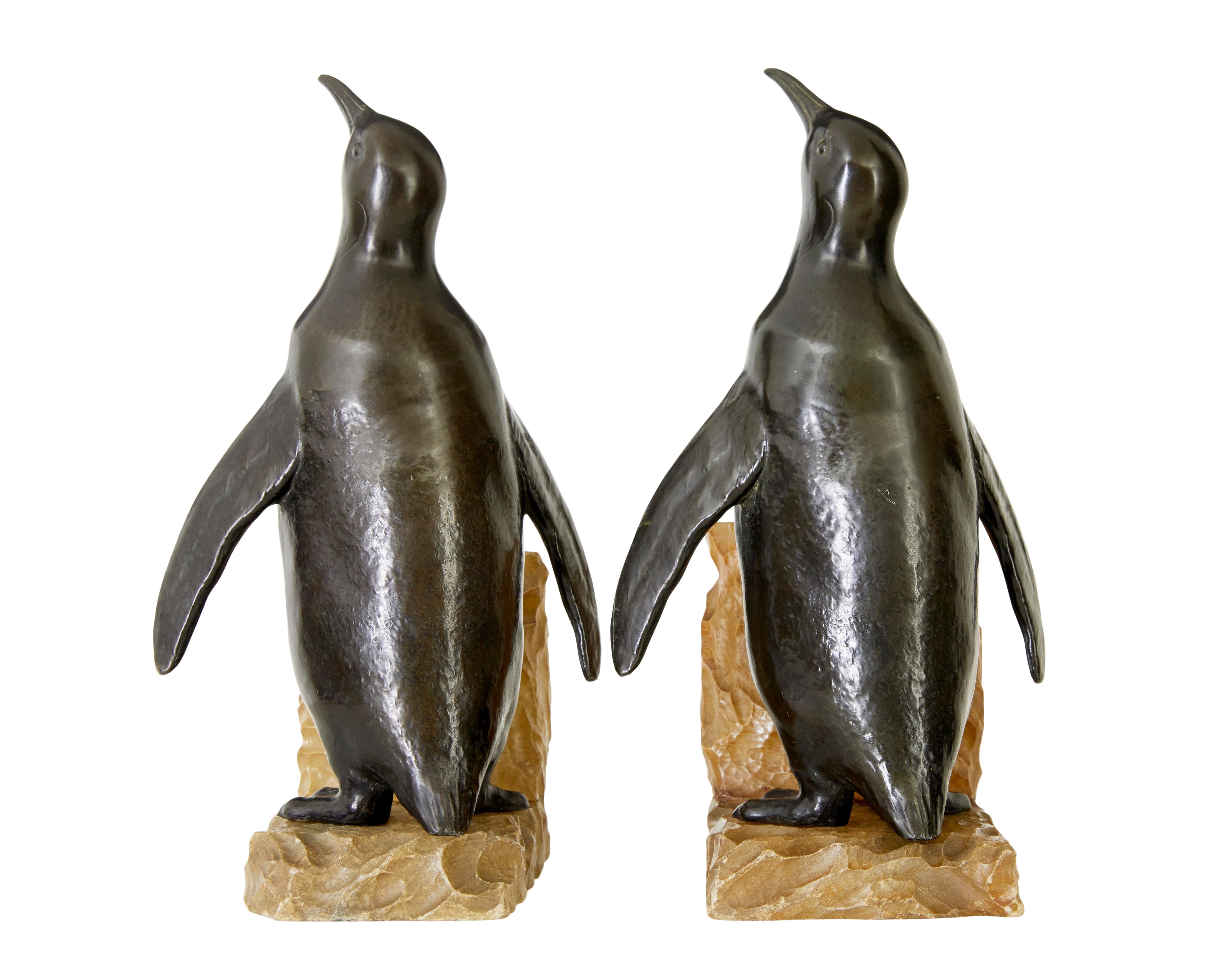 French Pair of Art Deco penguin and alabaster book ends