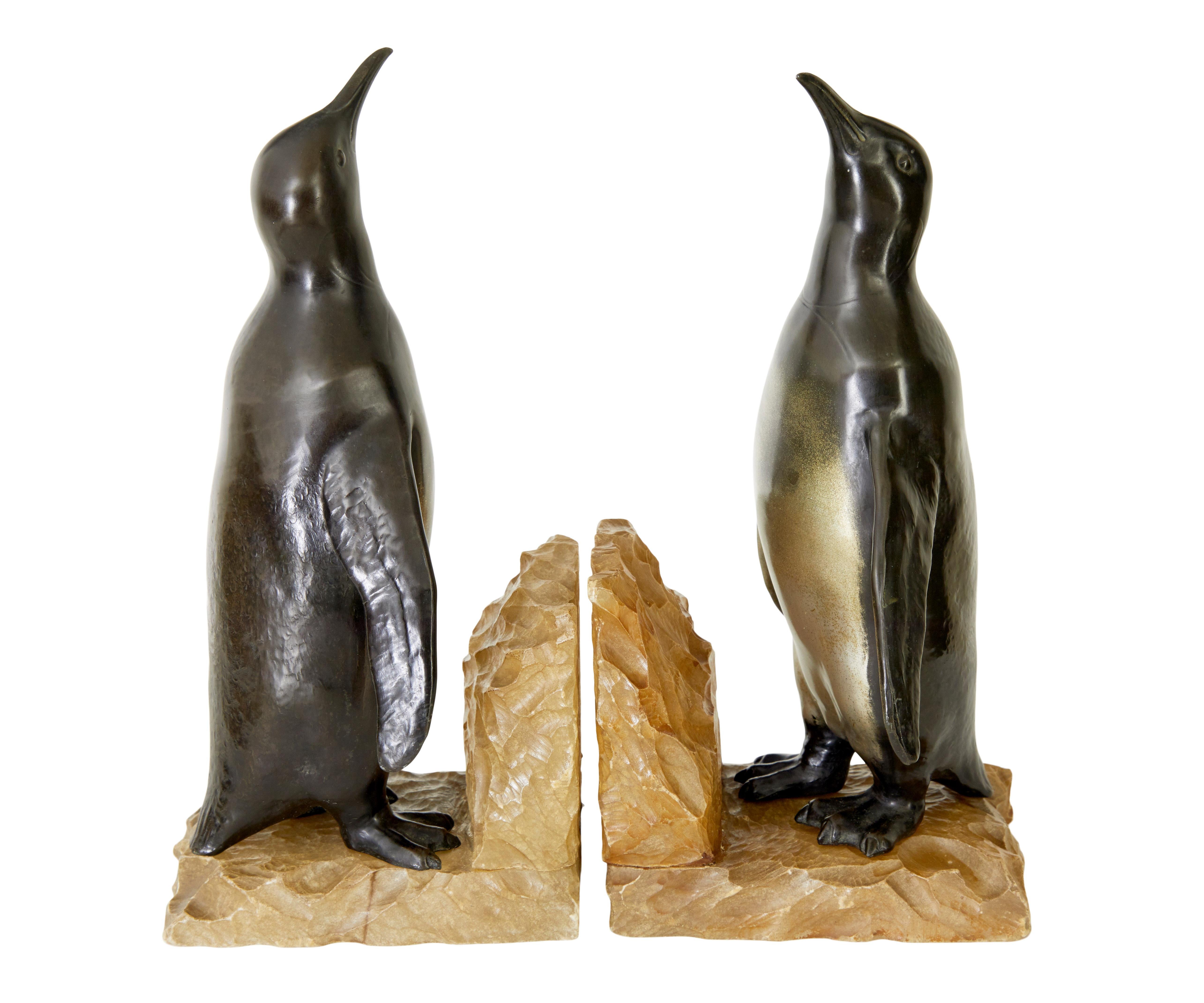 Pair of Art Deco penguin and alabaster book ends In Good Condition In Debenham, Suffolk