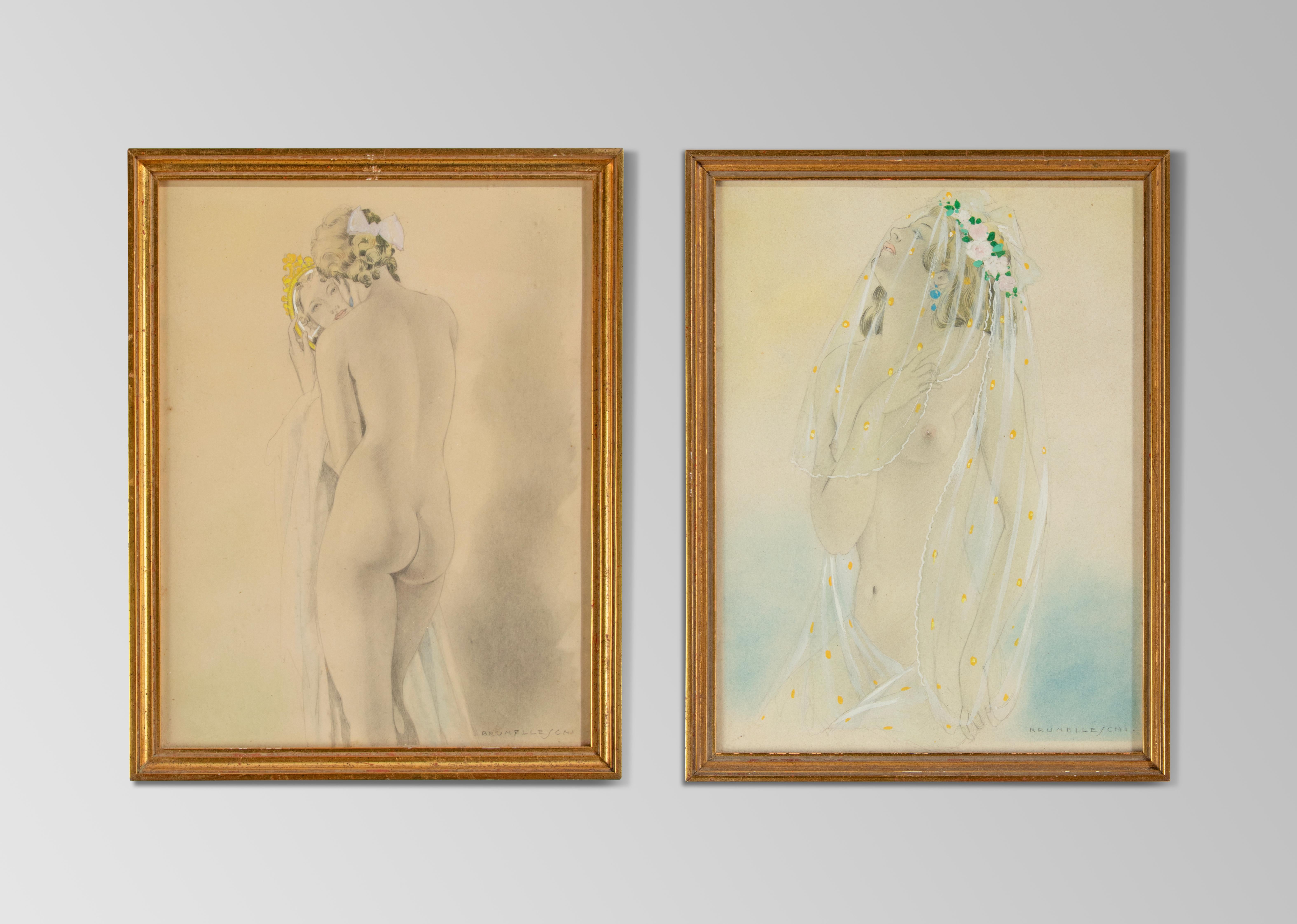 A few beautiful works of art by the Italian artist Umberto Brunelleschi. They are female nudes, slightly erotic in appearance with a beautiful display of transparent fabrics.
Dimensions frame: 25,5 x 20 cm
Dimensions paper: 23,5 x 18 cm
Umberto