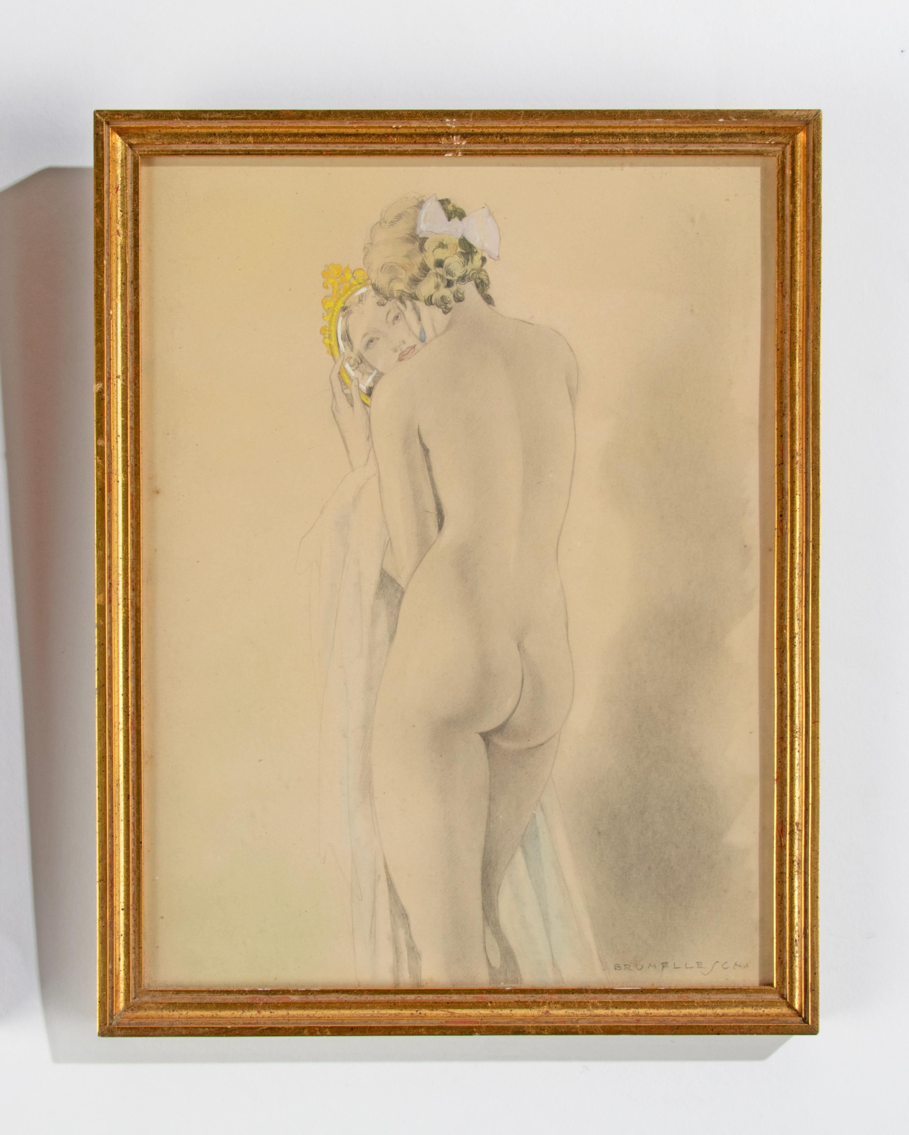 Pareja de Dibujos / Acuarelas Eróticos de la Época Art Déco de Umberto Brunelleschi Madera en venta