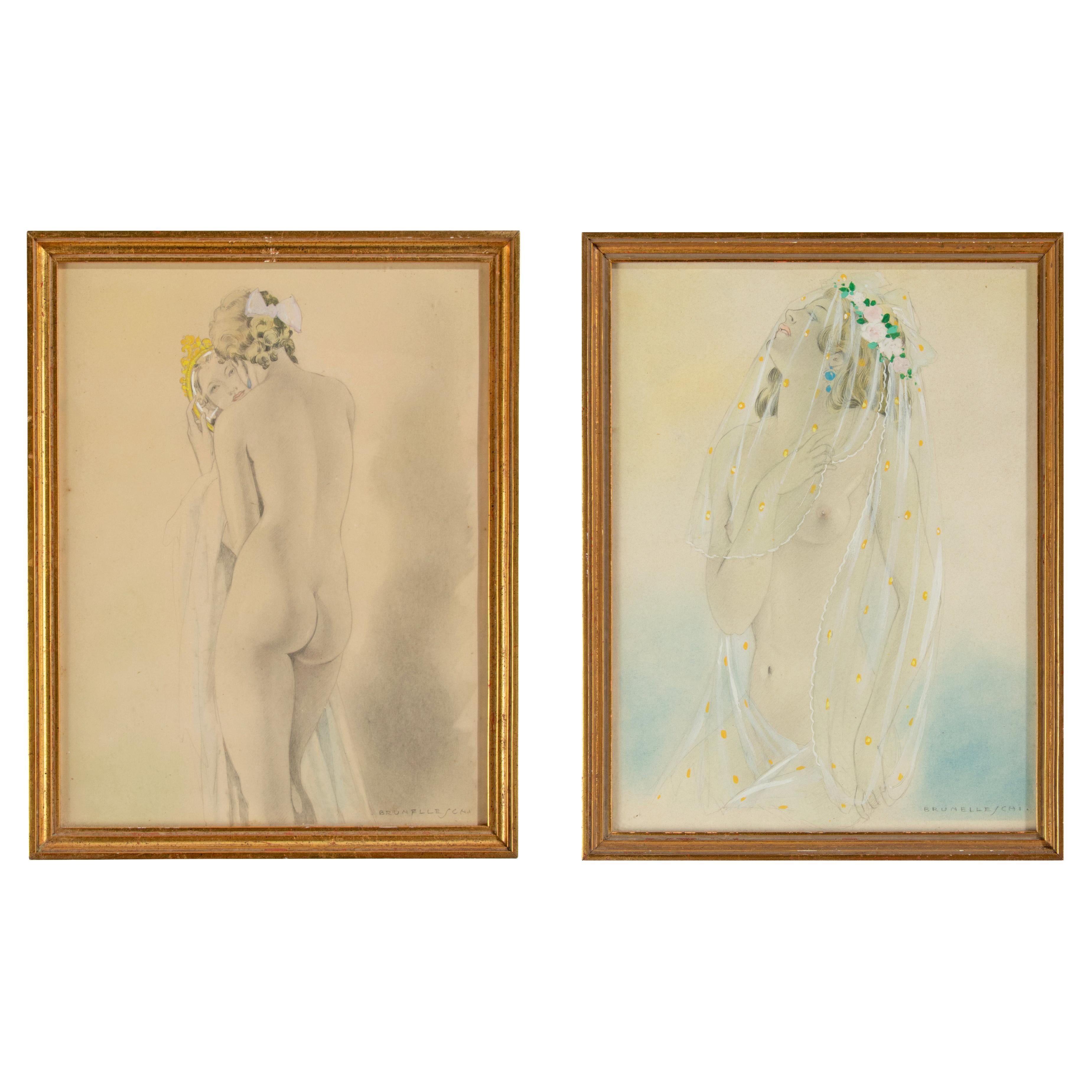 Pair of Art Deco Period Erotic Drawings / Watercolours by Umberto Brunelleschi For Sale