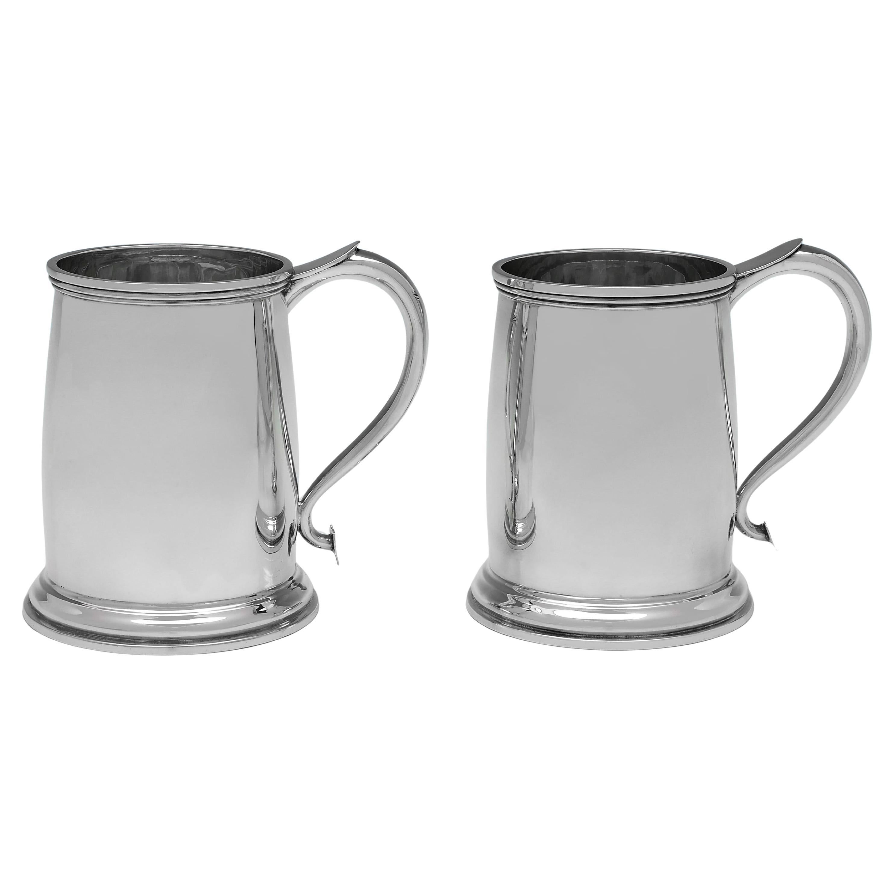 Pair of art deco period sterling silver beer mugs made in 1935 by Atkin Brothers