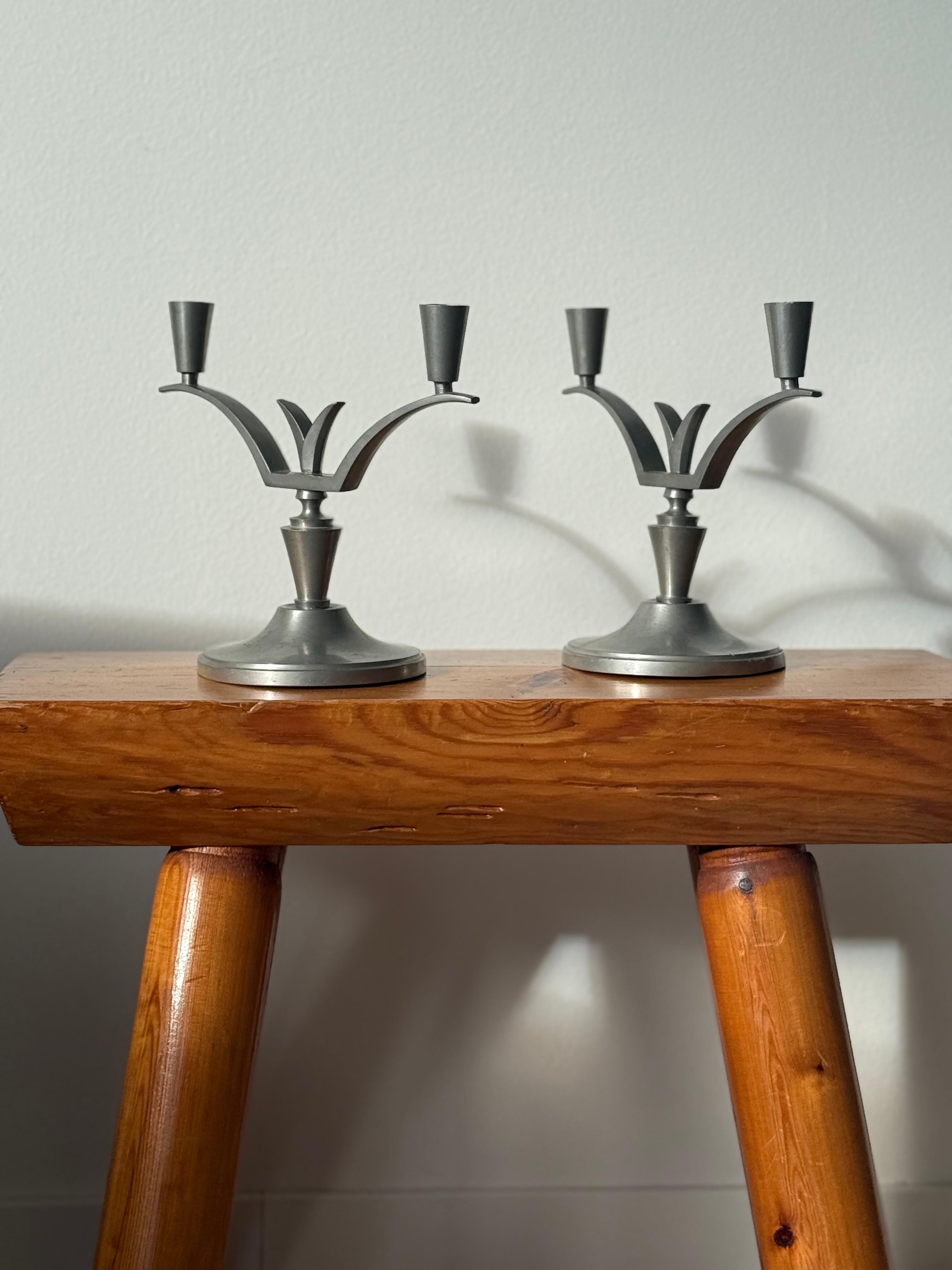 Swedish Pair of Art Deco Pewter Candelabras by B.H. Edlund Sweden, 1930s For Sale