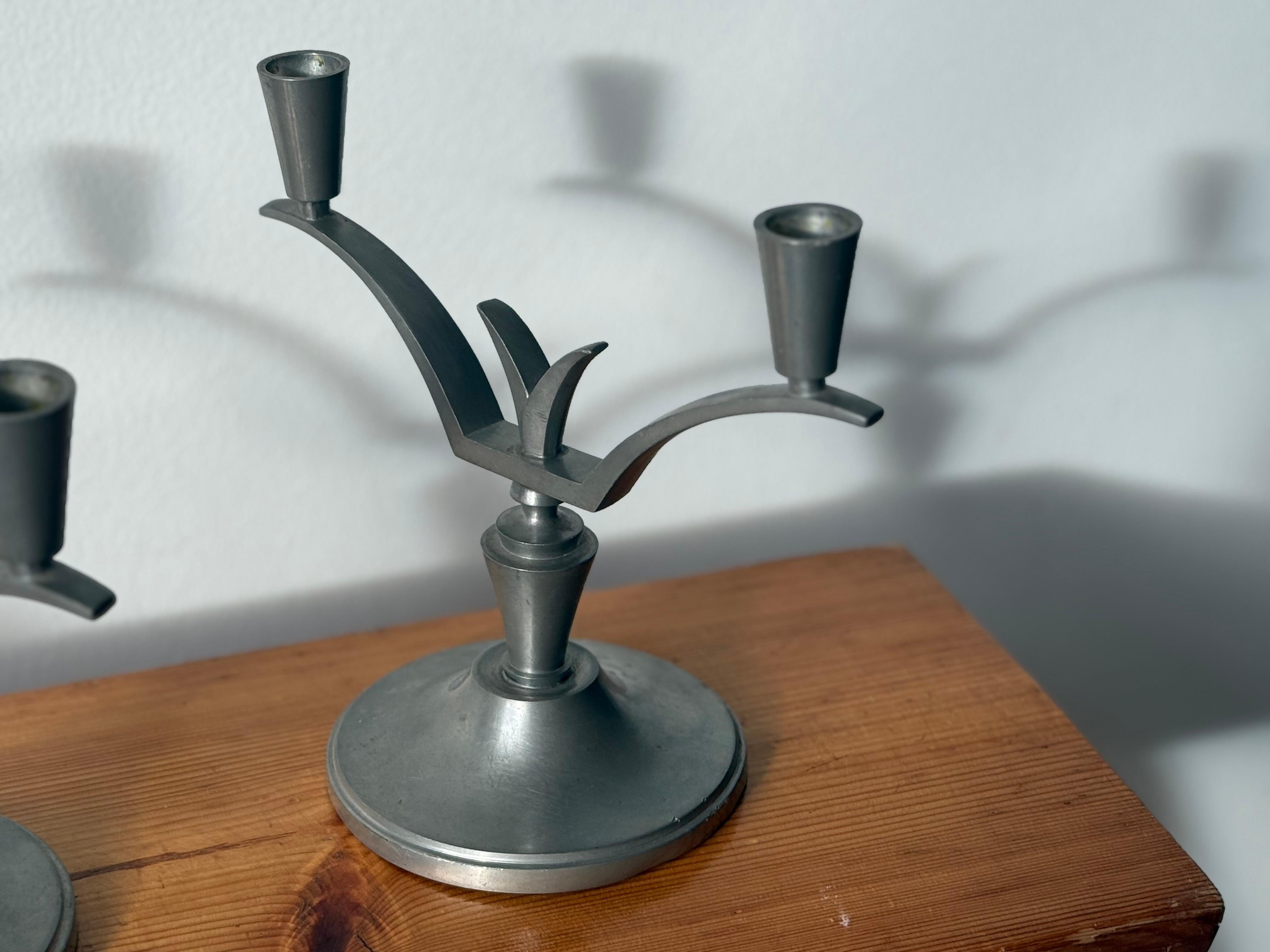 Cast Pair of Art Deco Pewter Candelabras by B.H. Edlund Sweden, 1930s For Sale