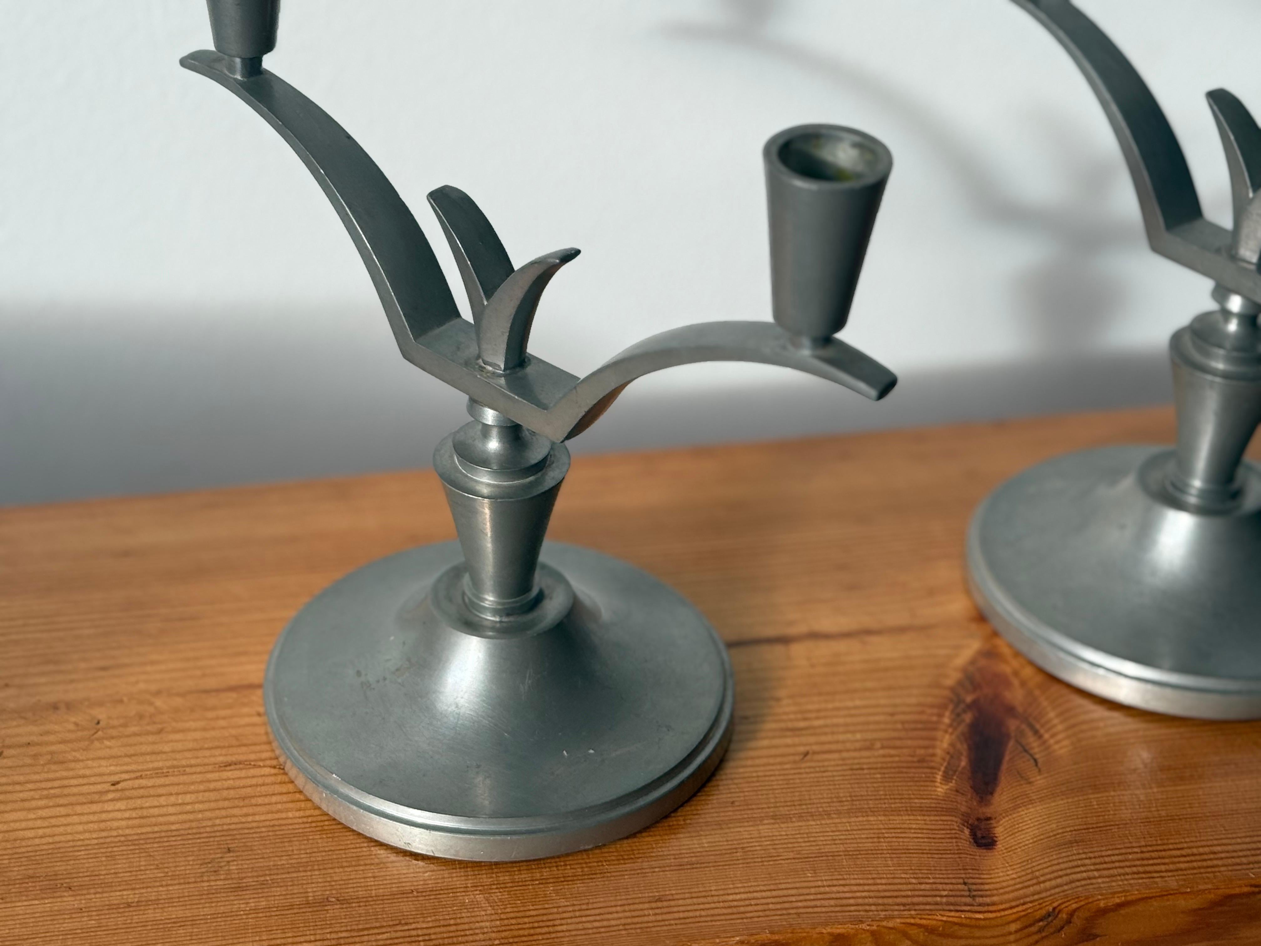 Pair of Art Deco Pewter Candelabras by B.H. Edlund Sweden, 1930s In Good Condition For Sale In Bergen, NO