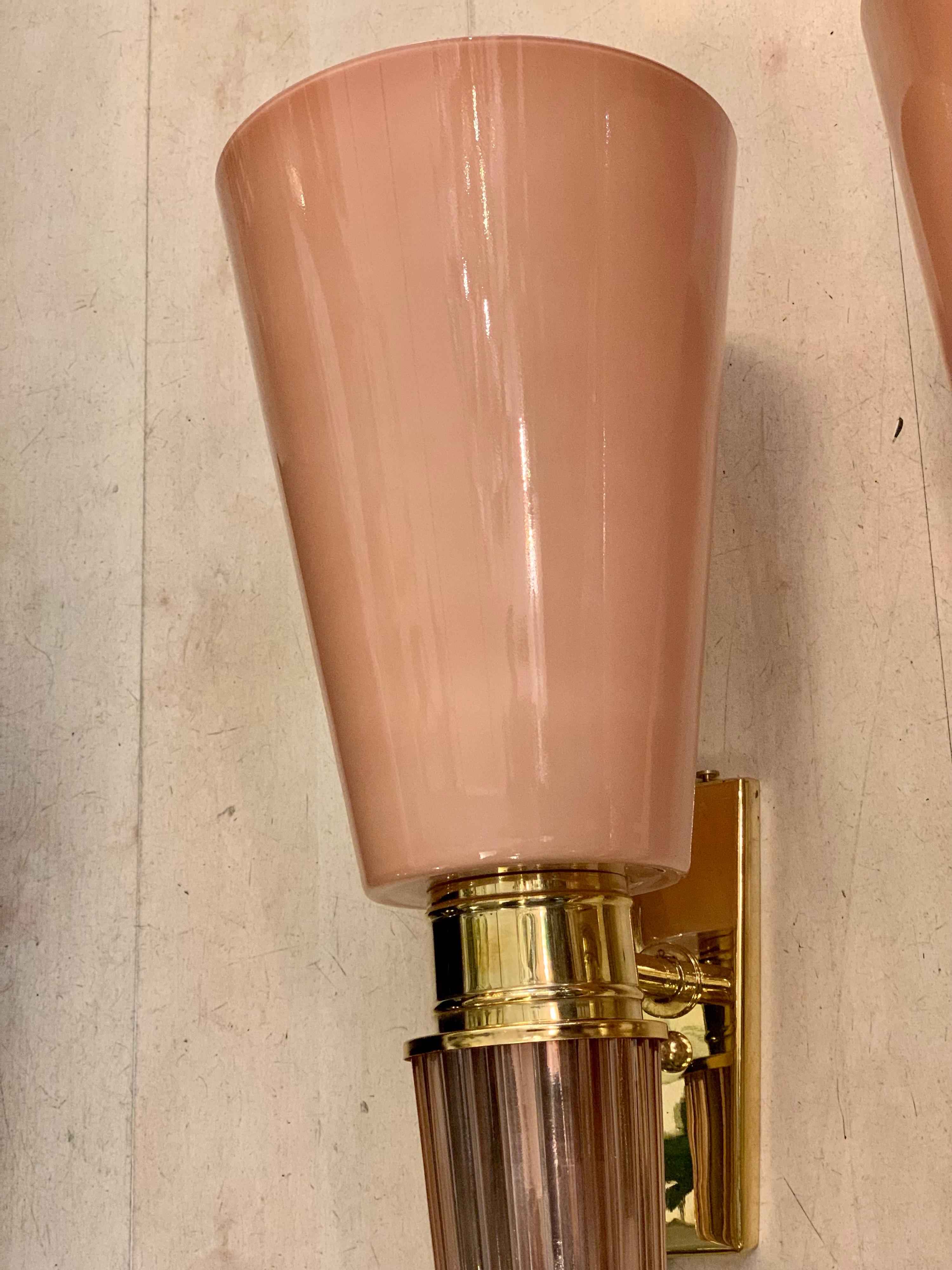 Pair of Art Deco Pink Conical Murano Wall Sconces, Brass Fittings, 1940s 5