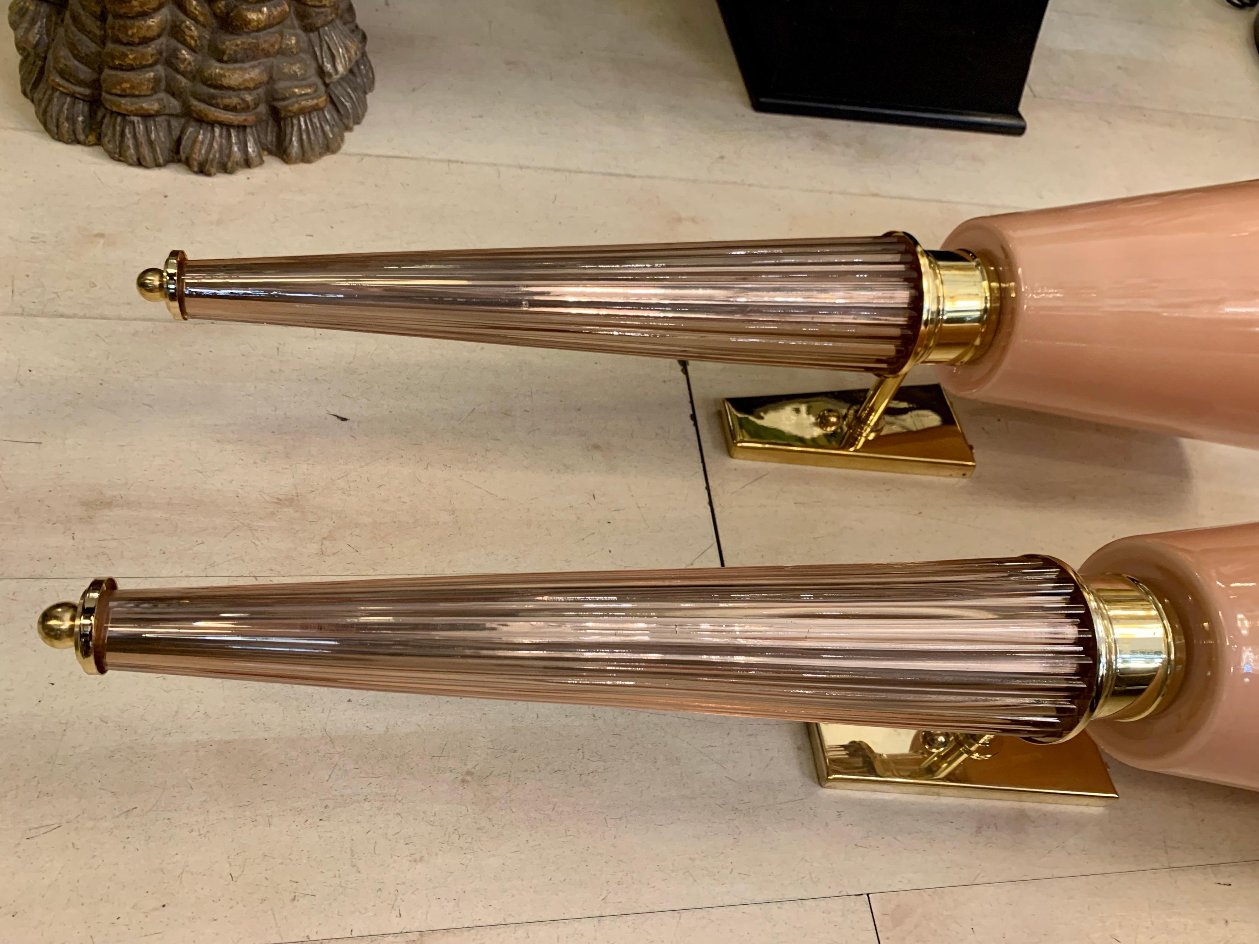 Pair of Art Deco Pink Conical Murano Wall Sconces, Brass Fittings, 1940s 6