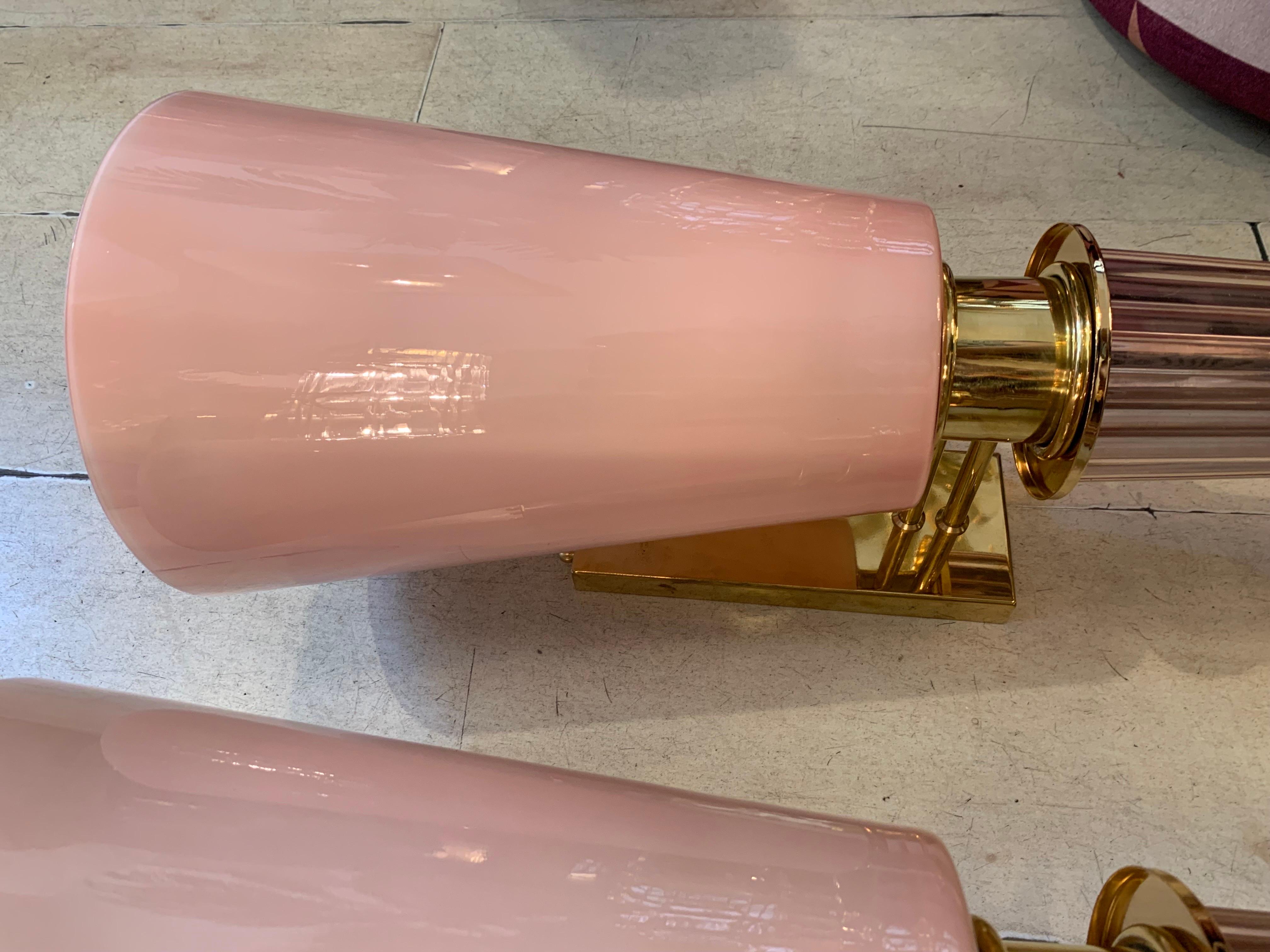 Pair of Art Deco Pink Conical Murano Wall Sconces, Brass Fittings, 1940s 6