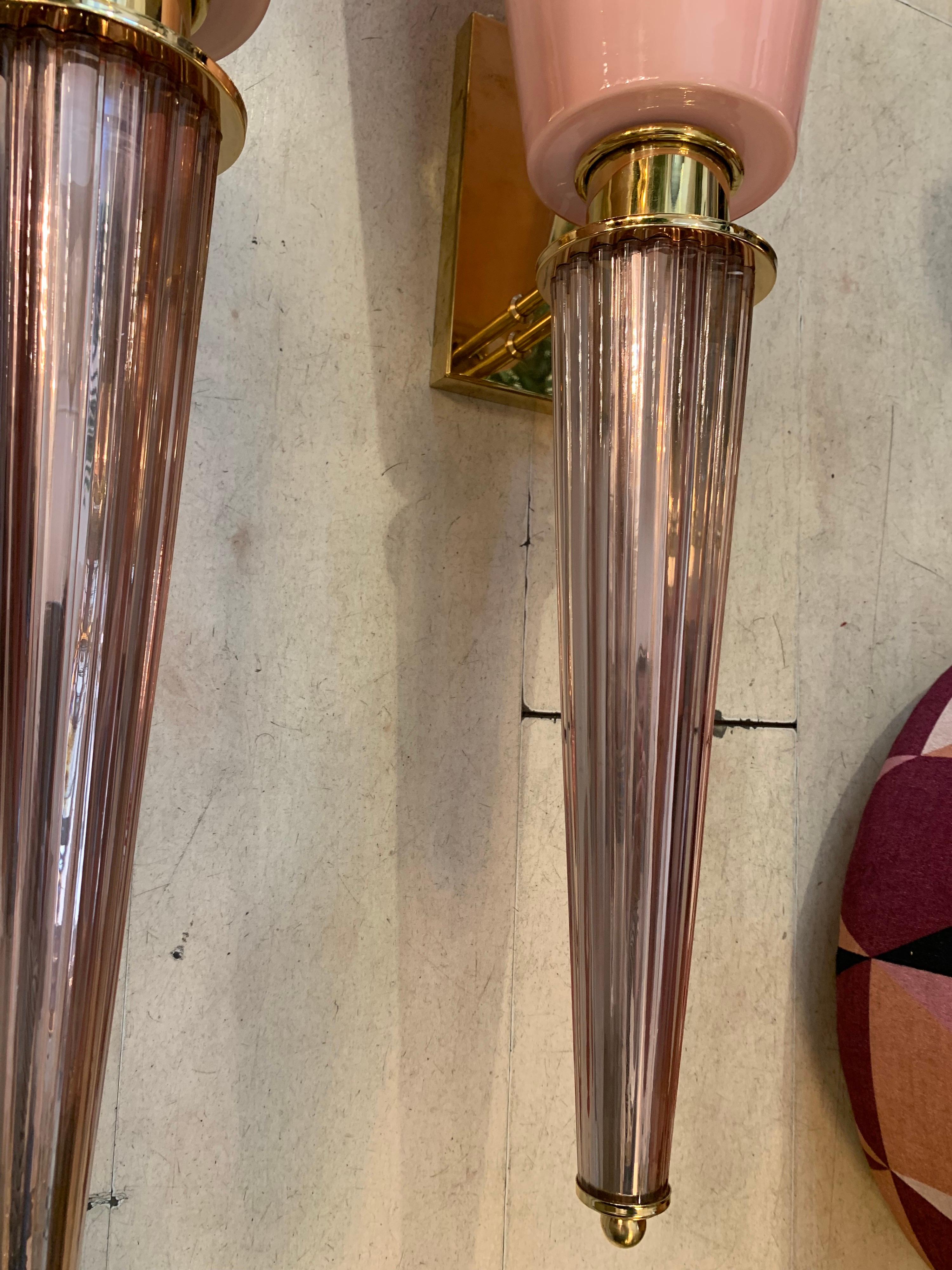 Pair of Art Deco Pink Conical Murano Wall Sconces, Brass Fittings, 1940s 7