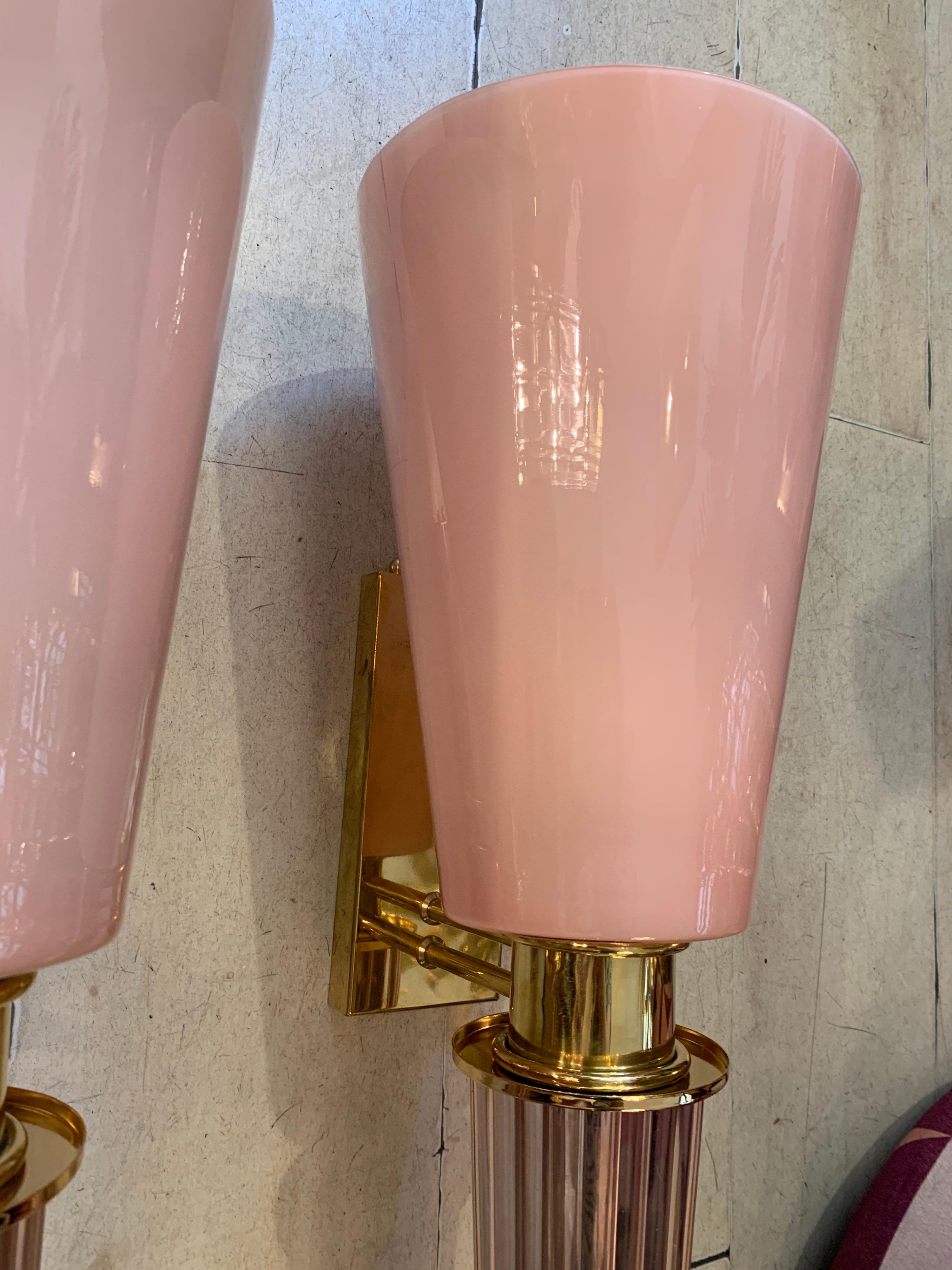 Pair of Art Deco Pink Conical Murano Wall Sconces, Brass Fittings, 1940s 8