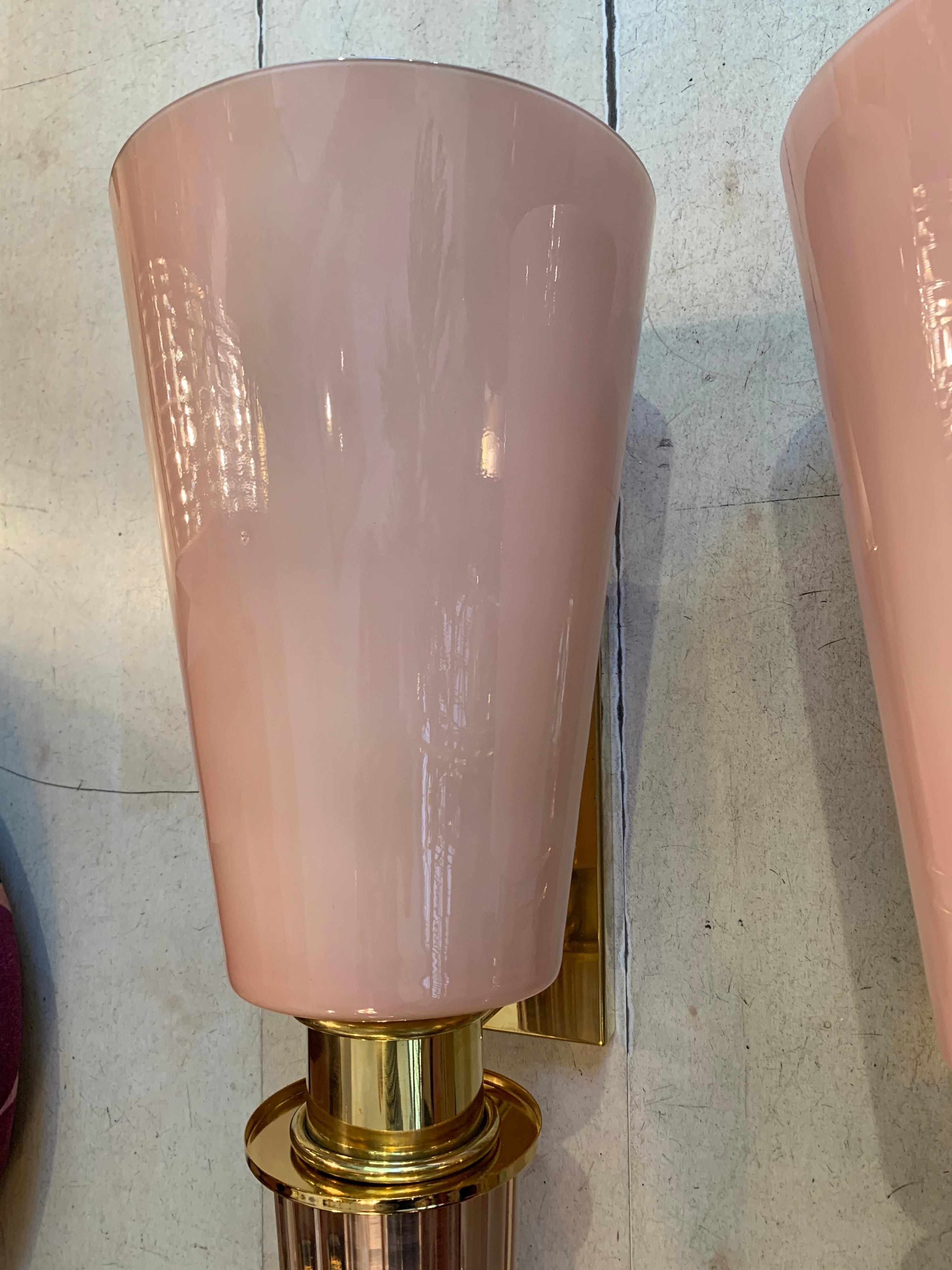 Pair of Art Deco Pink Conical Murano Wall Sconces, Brass Fittings, 1940s 9