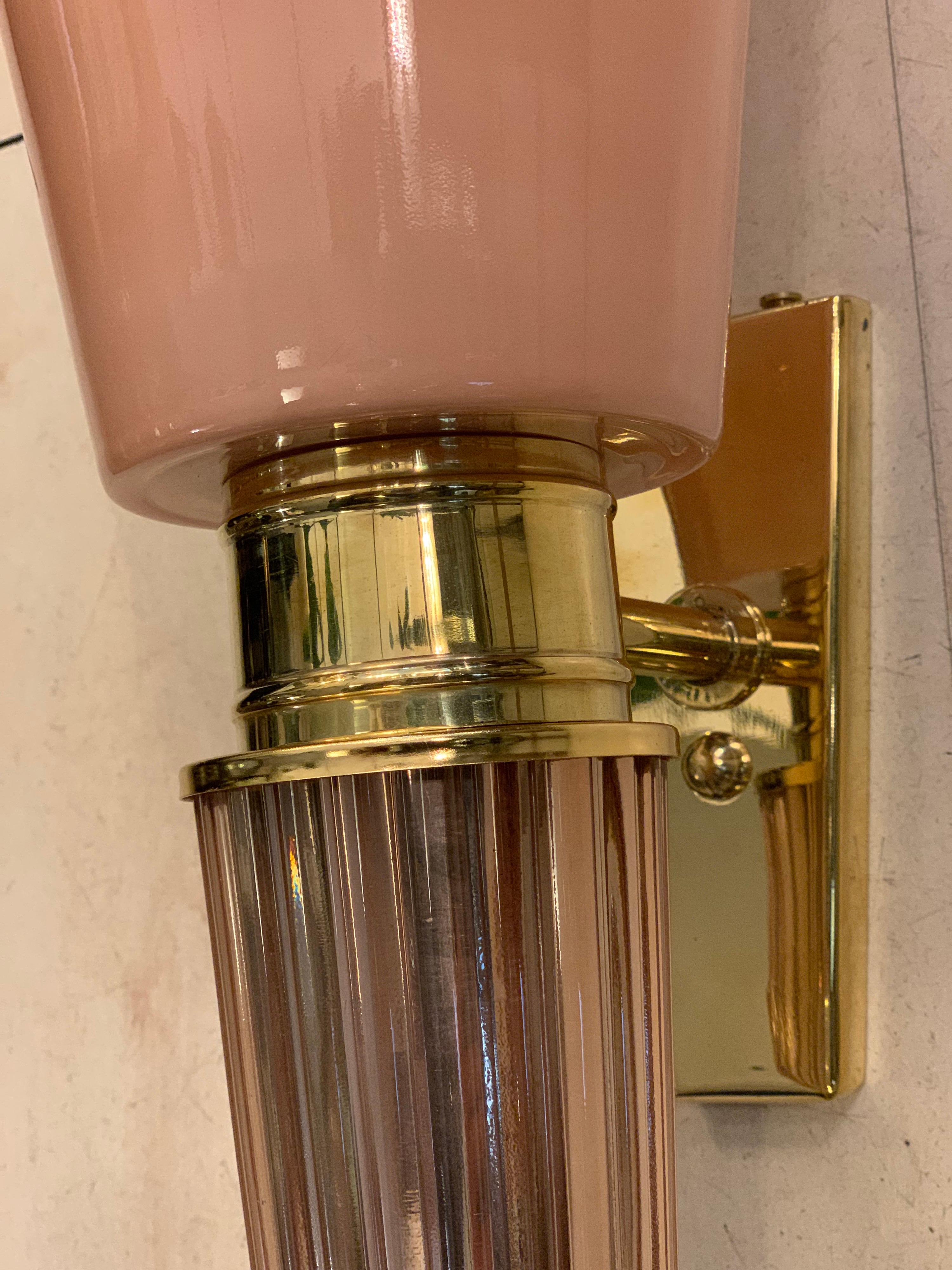 Pair of Art Deco Pink Conical Murano Wall Sconces, Brass Fittings, 1940s 9