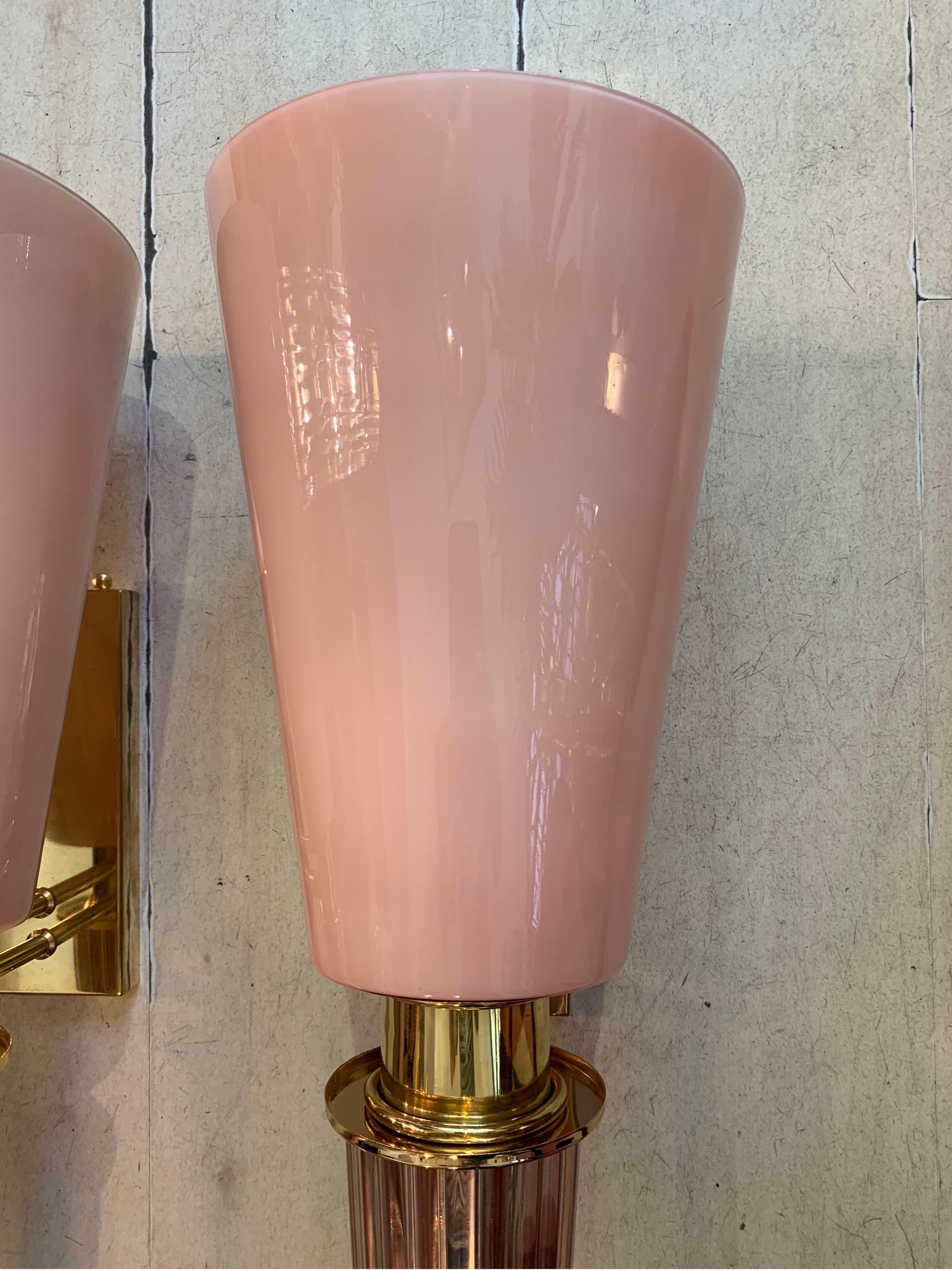 Pair of Art Deco Pink Conical Murano Wall Sconces, Brass Fittings, 1940s For Sale 9