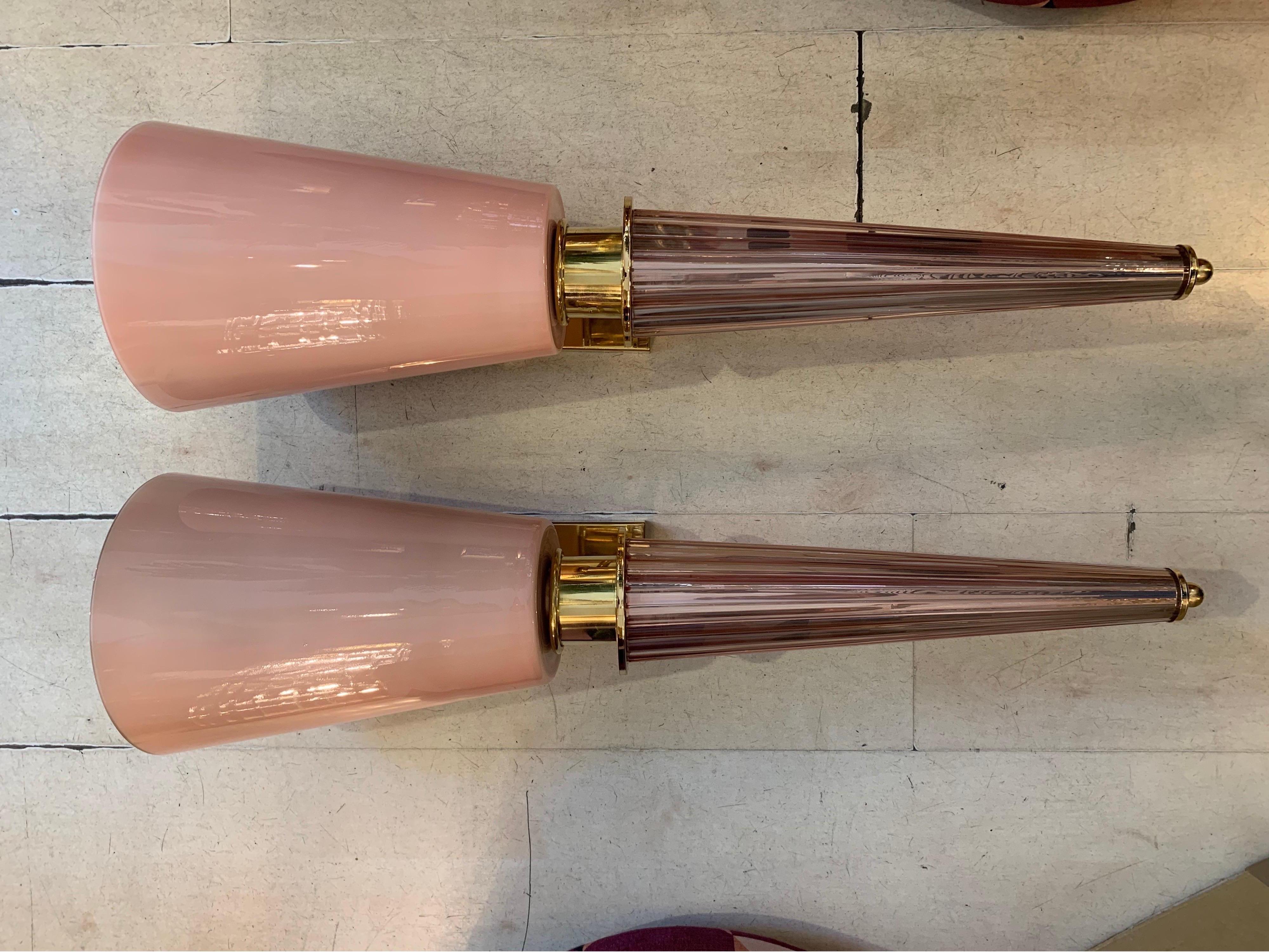 Pair of Art Deco Pink Conical Murano Wall Sconces, Brass Fittings, 1940s 10