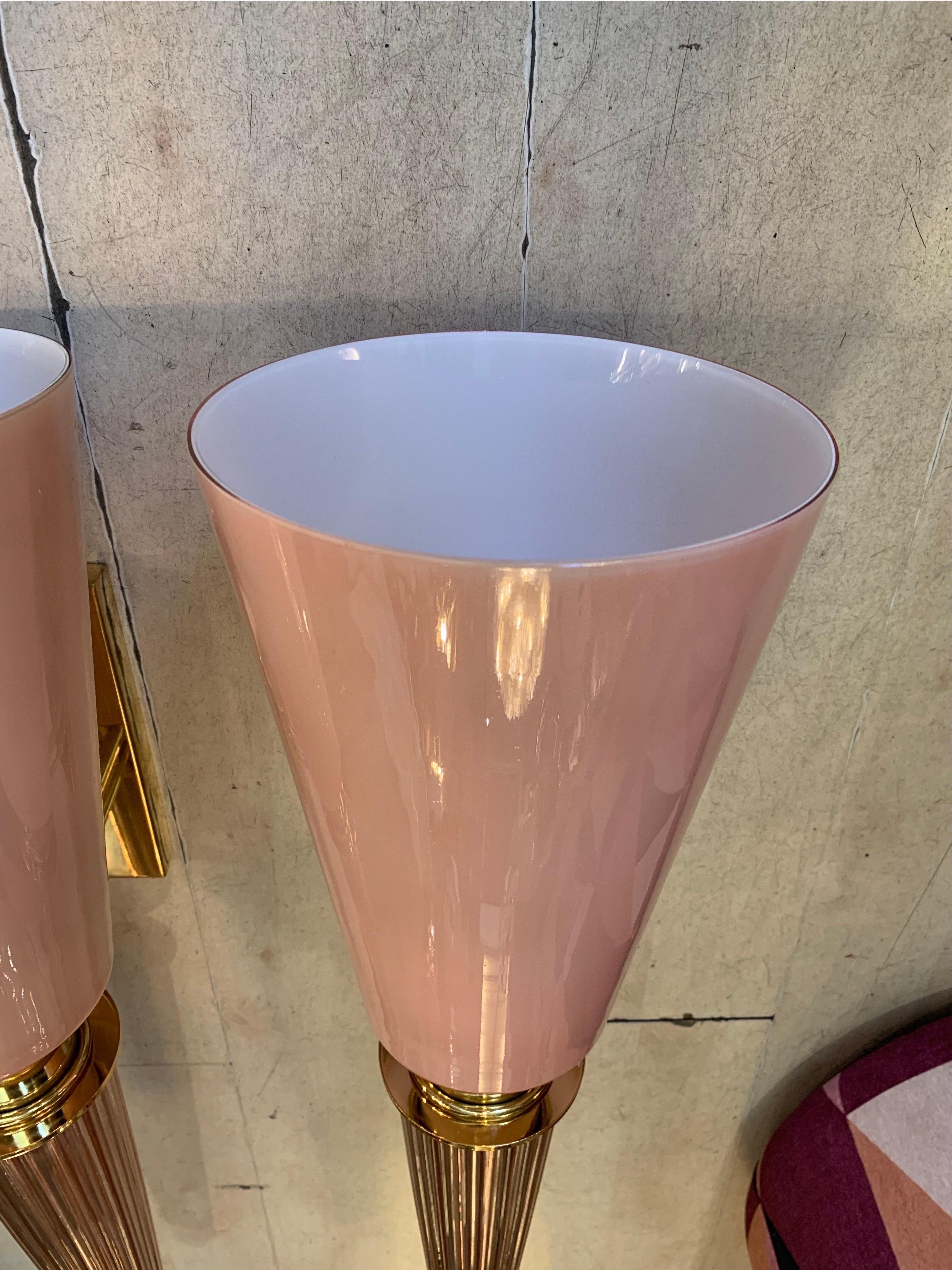 Pair of Art Deco Pink Conical Murano Wall Sconces, Brass Fittings, 1940s For Sale 10