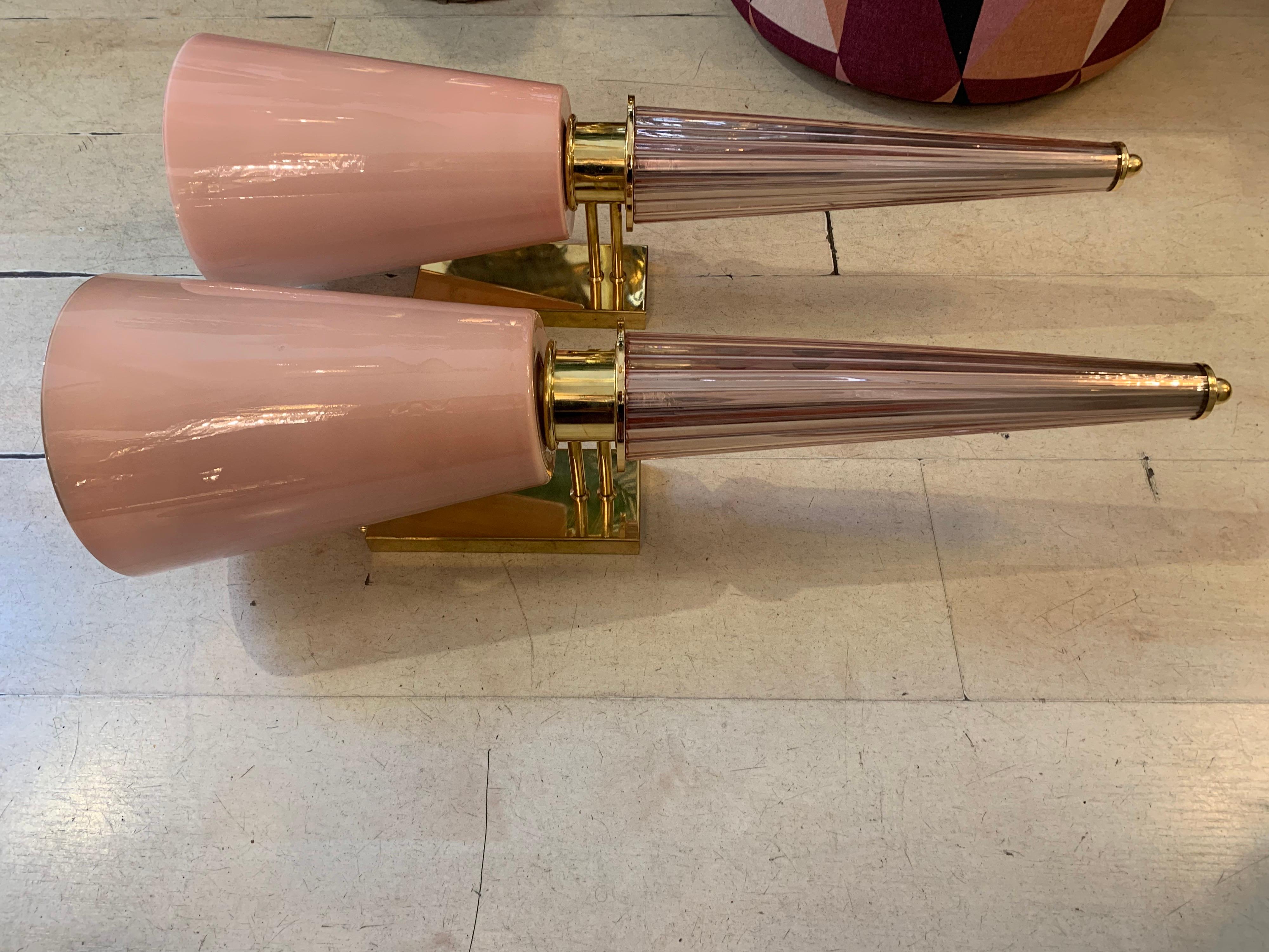Pair of Art Deco Pink Conical Murano Wall Sconces, Brass Fittings, 1940s 11
