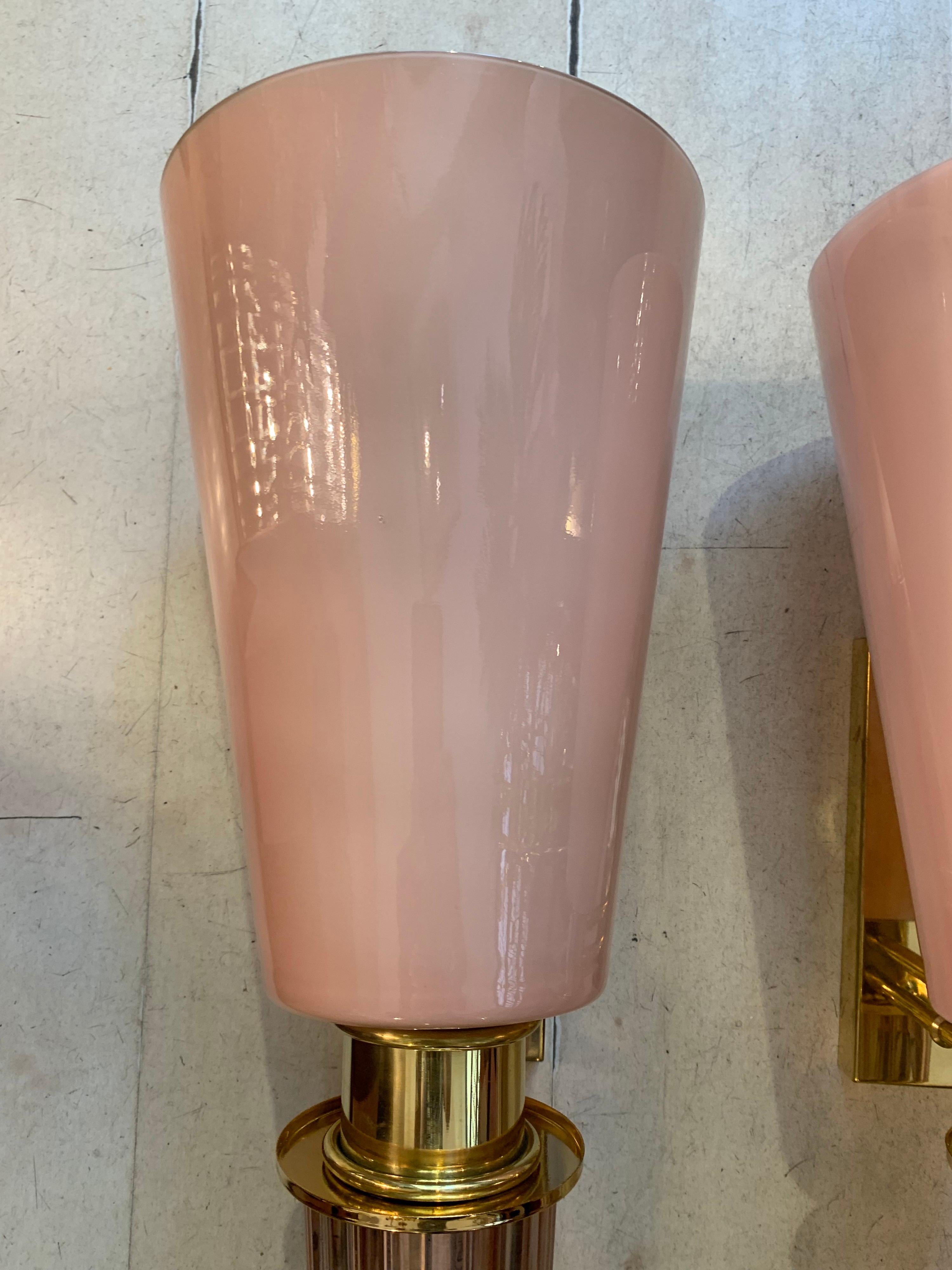 Pair of Art Deco Pink Conical Murano Wall Sconces, Brass Fittings, 1940s 12
