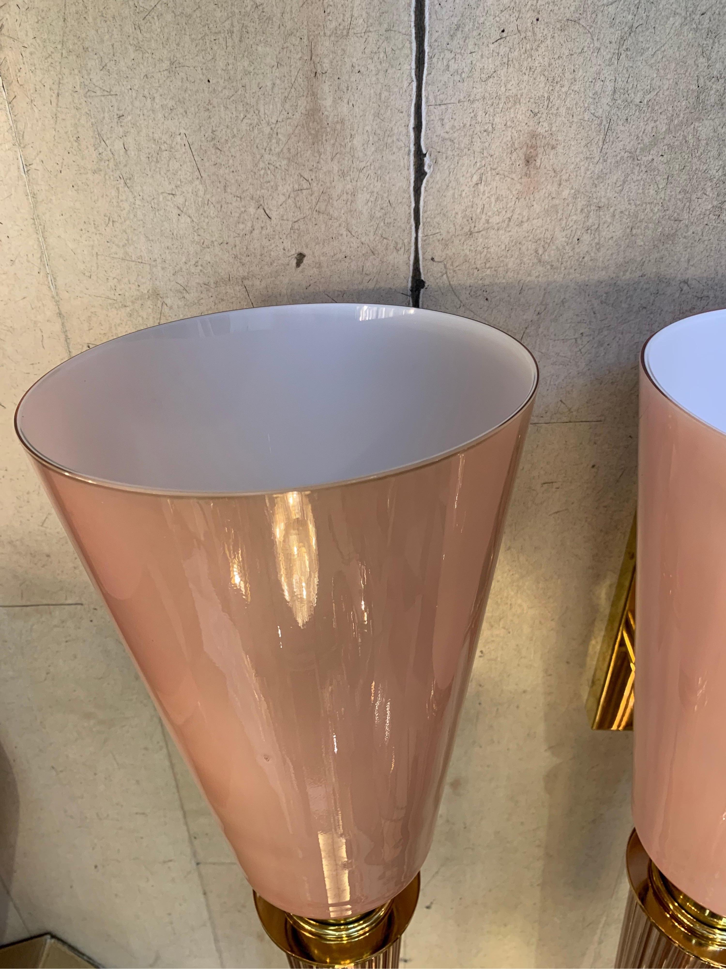 Pair of Art Deco Pink Conical Murano Wall Sconces, Brass Fittings, 1940s 13