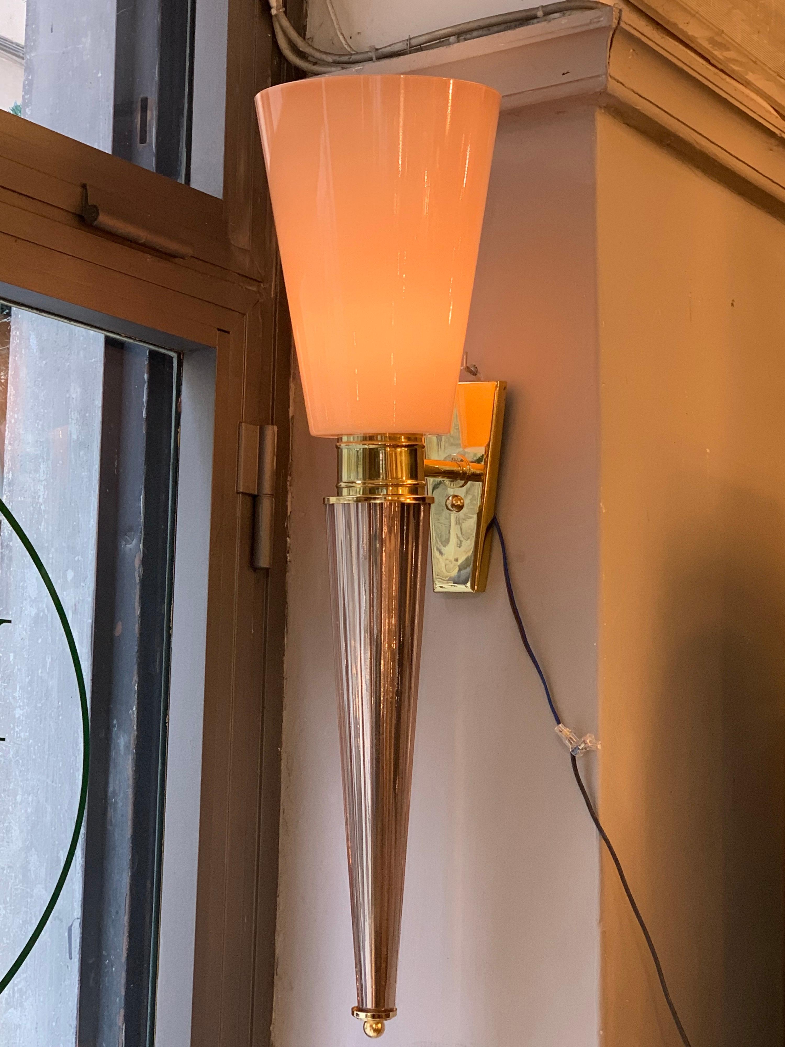 Pair of Art Deco Pink Conical Murano Wall Sconces, Brass Fittings, 1940s 14