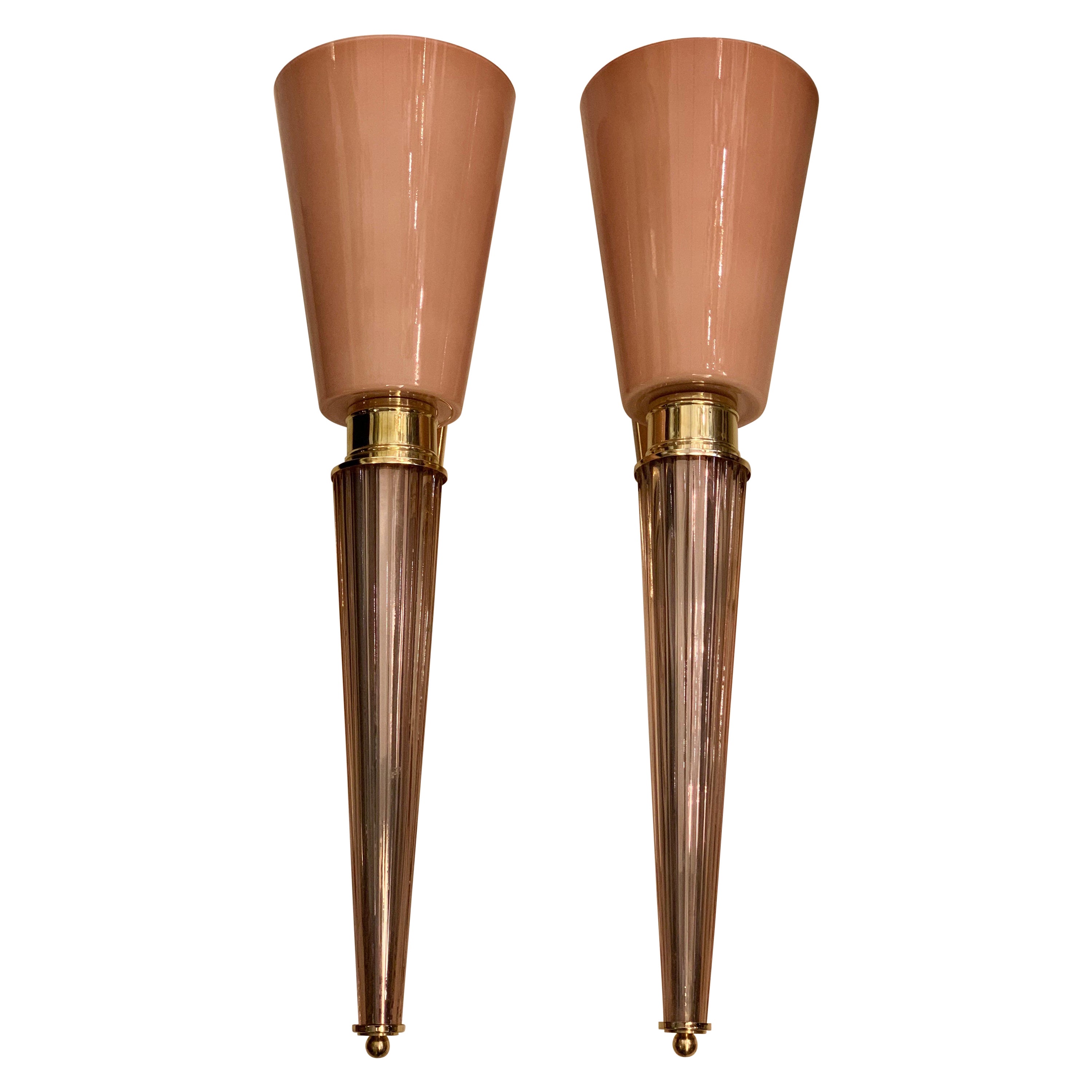 Pair of Art Deco pink conical Murano glass wall sconces, brass fittings. The cup is 