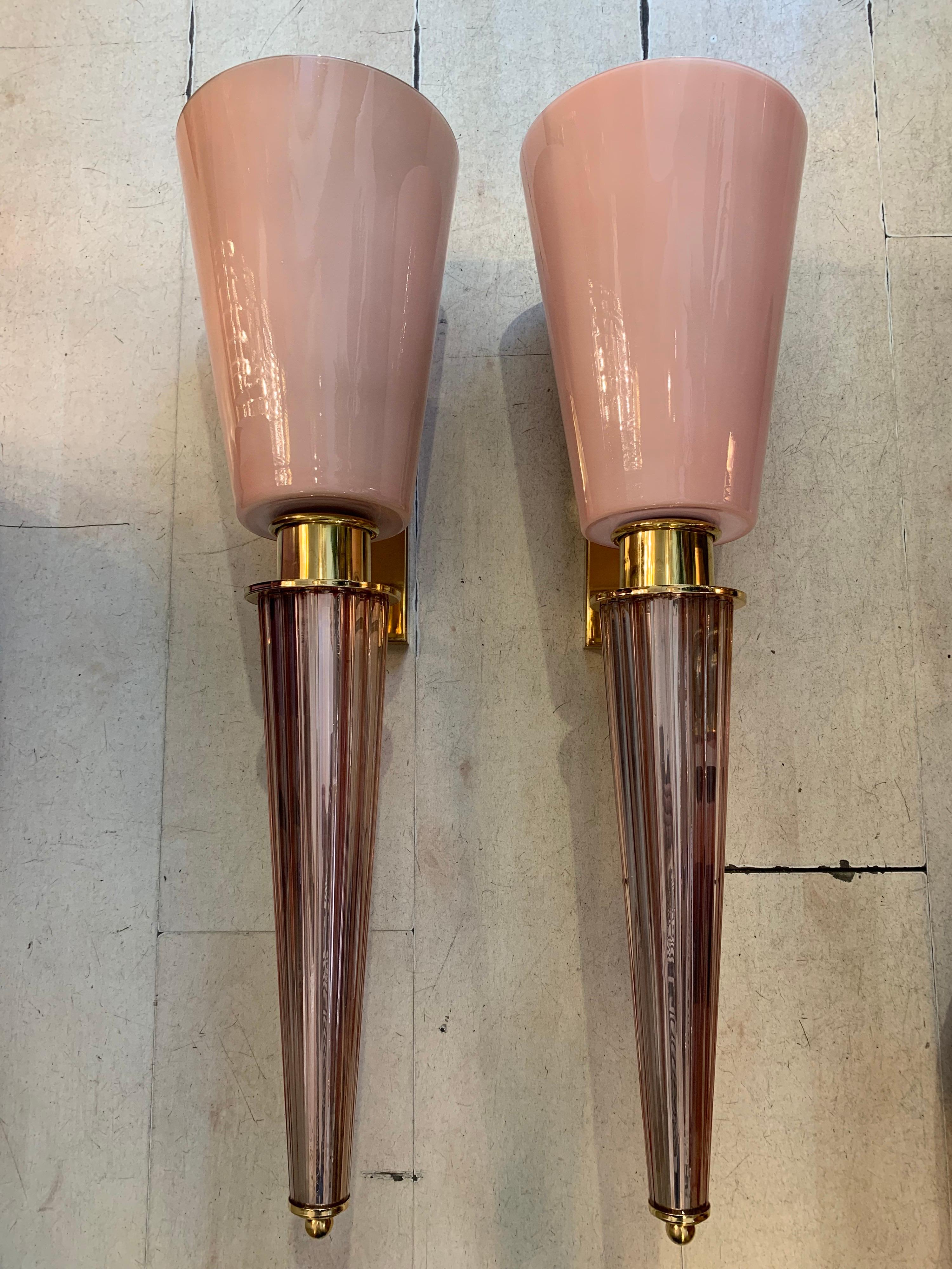 Pair of Art Deco pink conical Murano Glass wall sconces, brass fittings. The cup is 