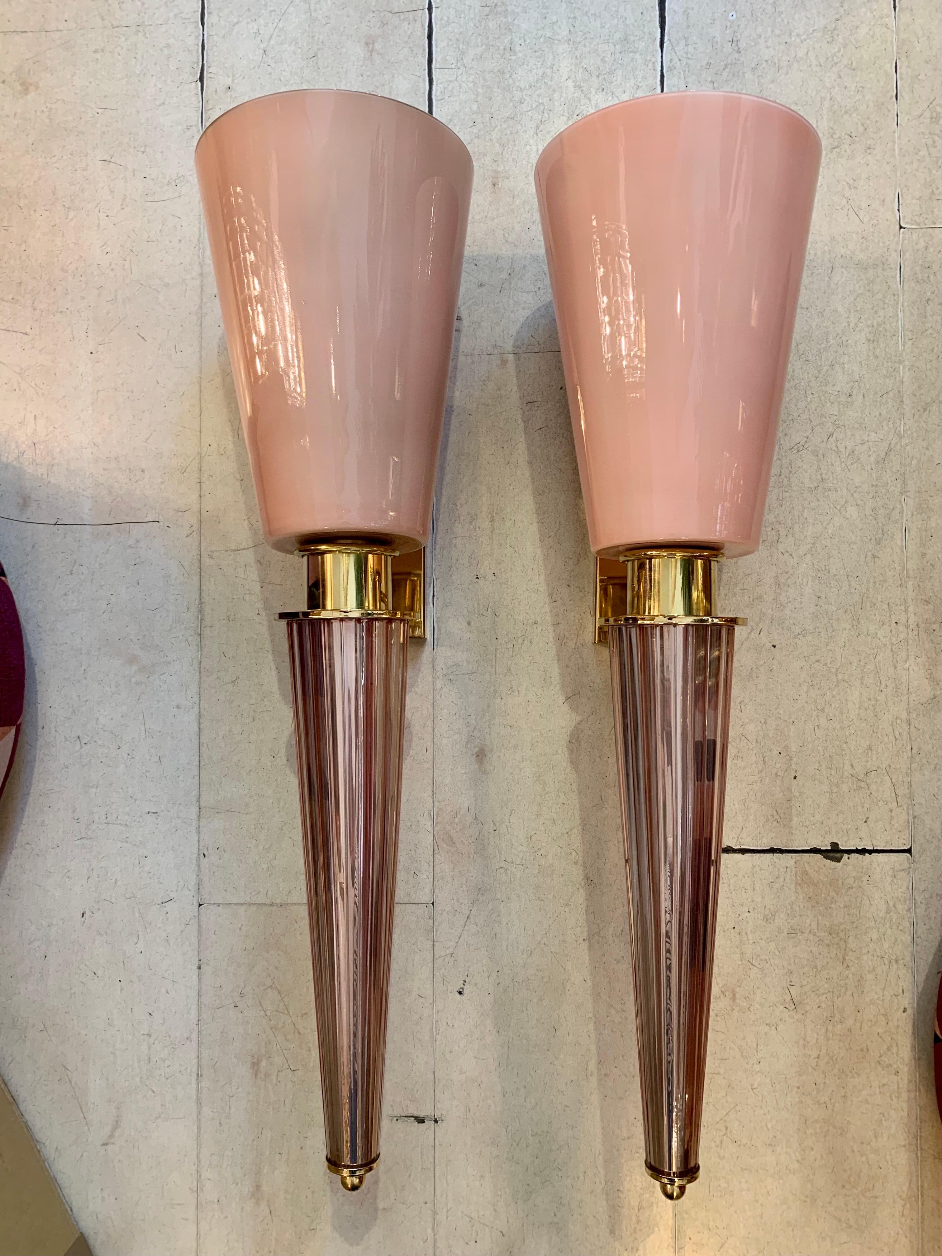Italian Pair of Art Deco Pink Conical Murano Wall Sconces, Brass Fittings, 1940s