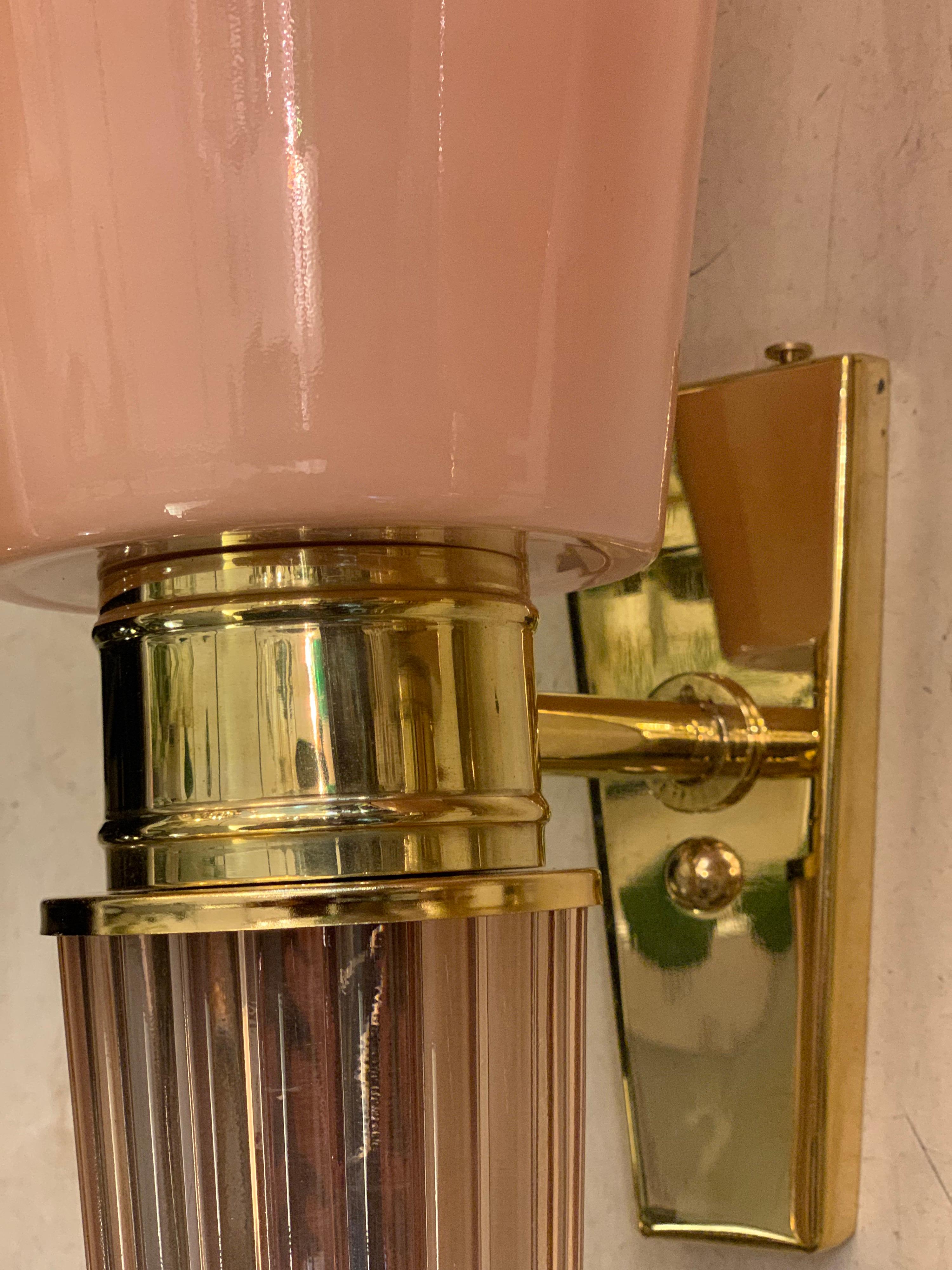 Mid-20th Century Pair of Art Deco Pink Conical Murano Wall Sconces, Brass Fittings, 1940s