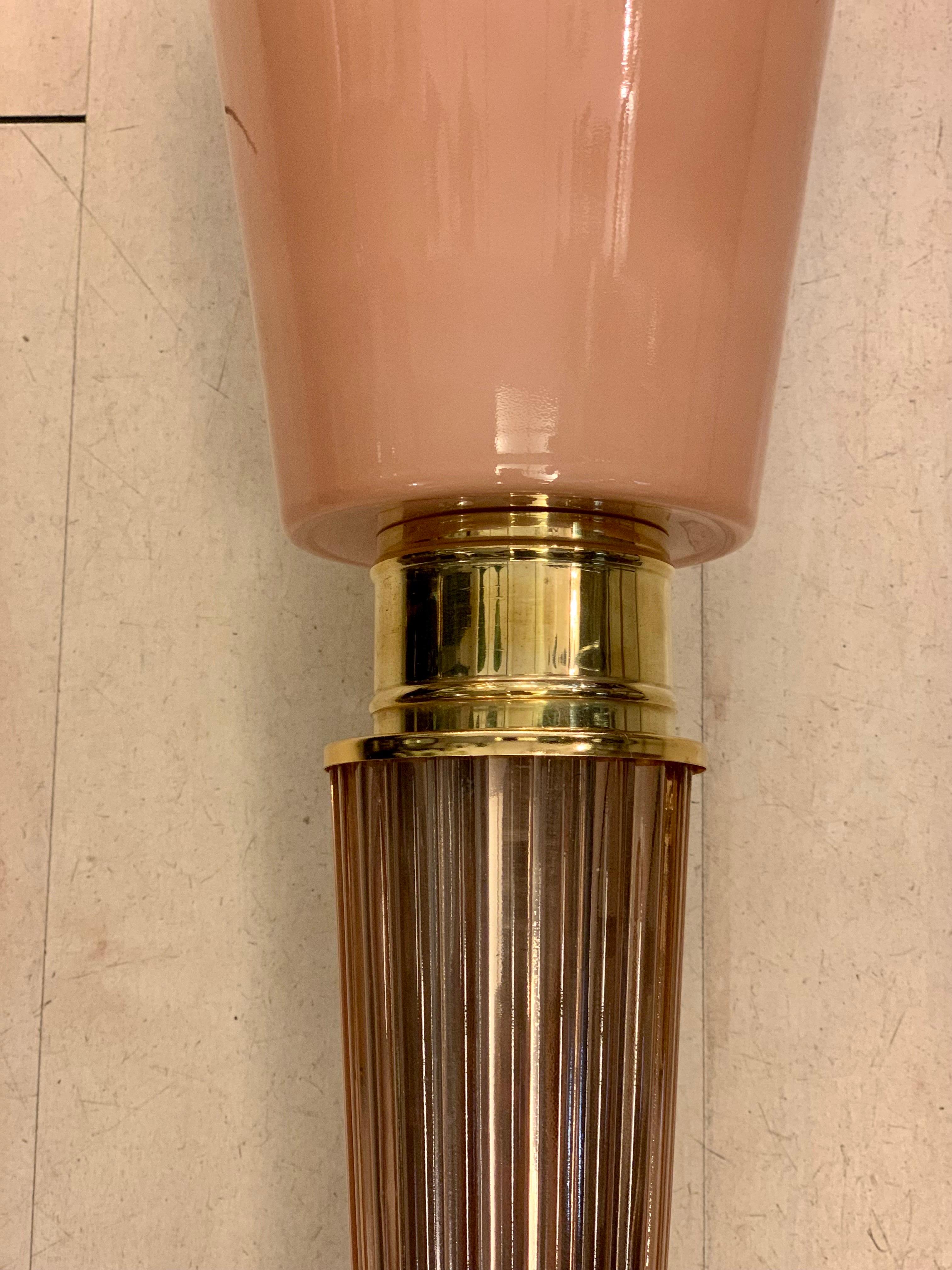 Pair of Art Deco Pink Conical Murano Wall Sconces, Brass Fittings, 1940s 1