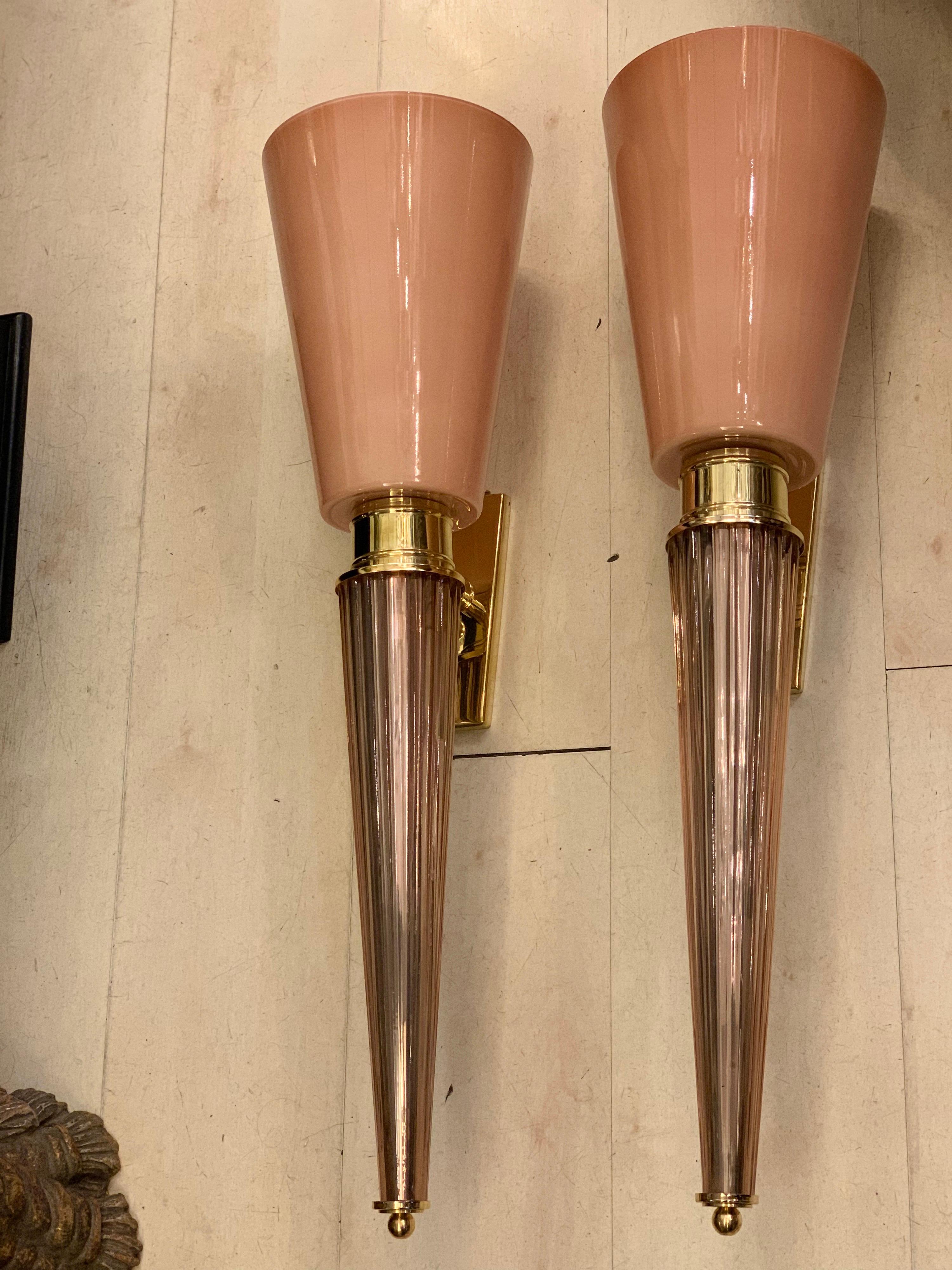 Pair of Art Deco Pink Conical Murano Wall Sconces, Brass Fittings, 1940s 2