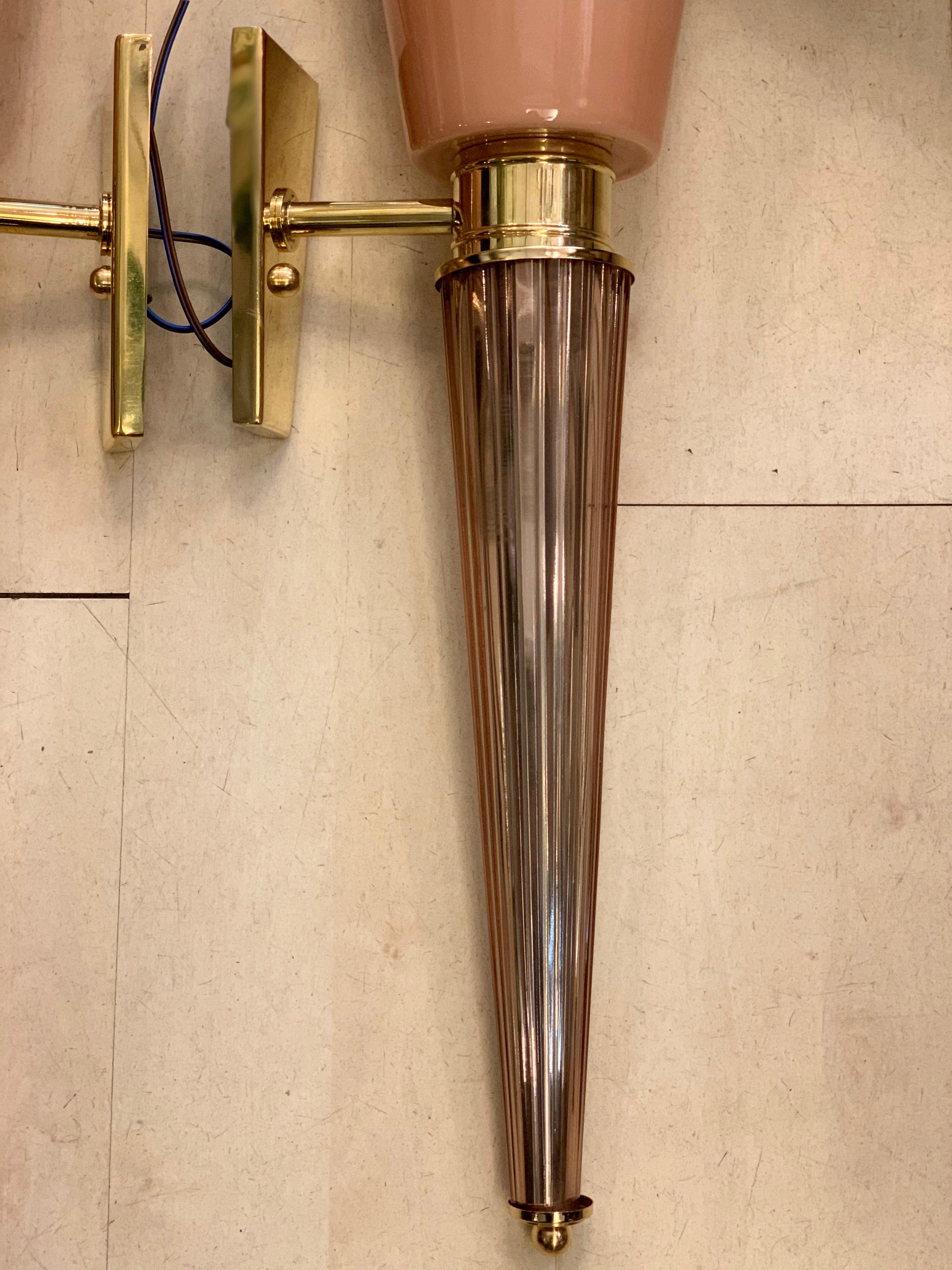 Pair of Art Deco Pink Conical Murano Wall Sconces, Brass Fittings, 1940s 3