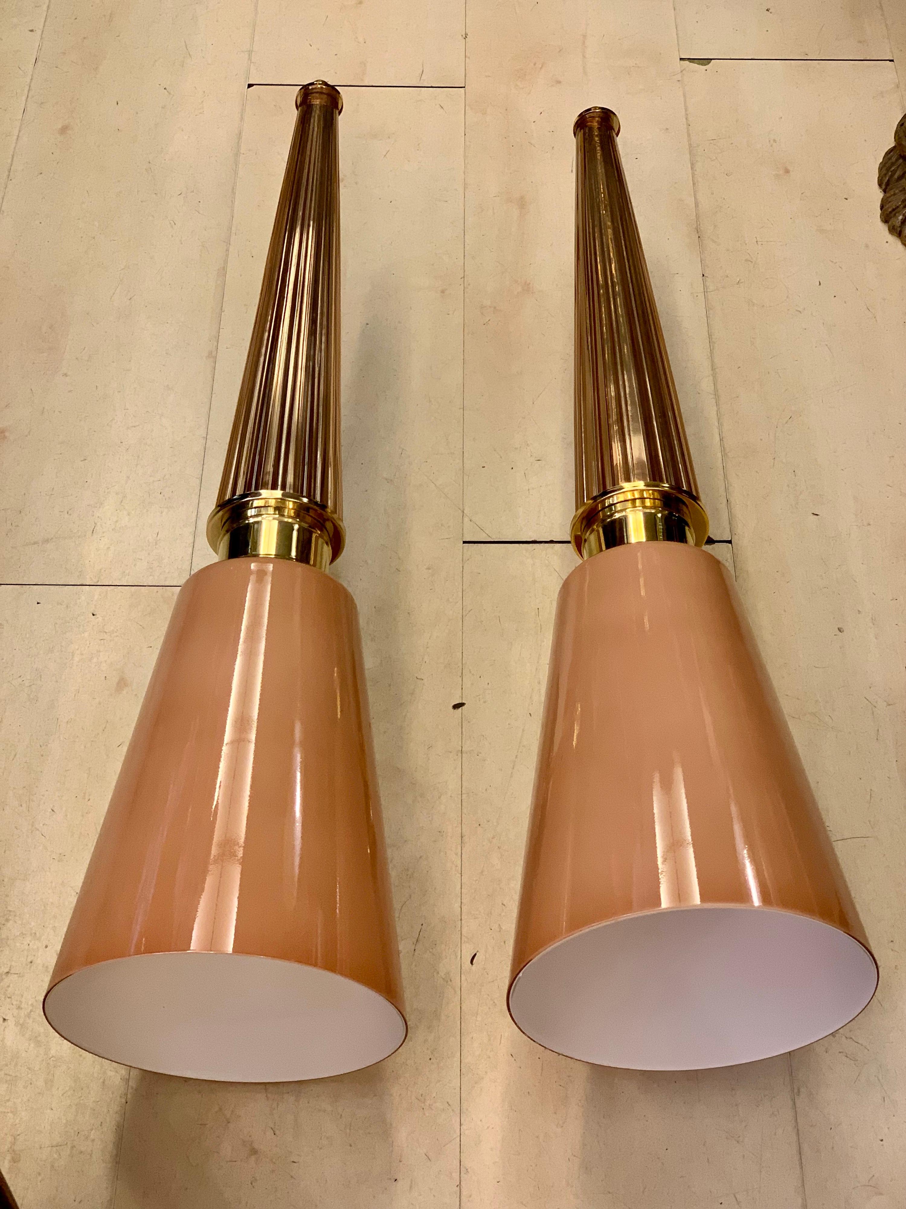 Pair of Art Deco Pink Conical Murano Wall Sconces, Brass Fittings, 1940s 4