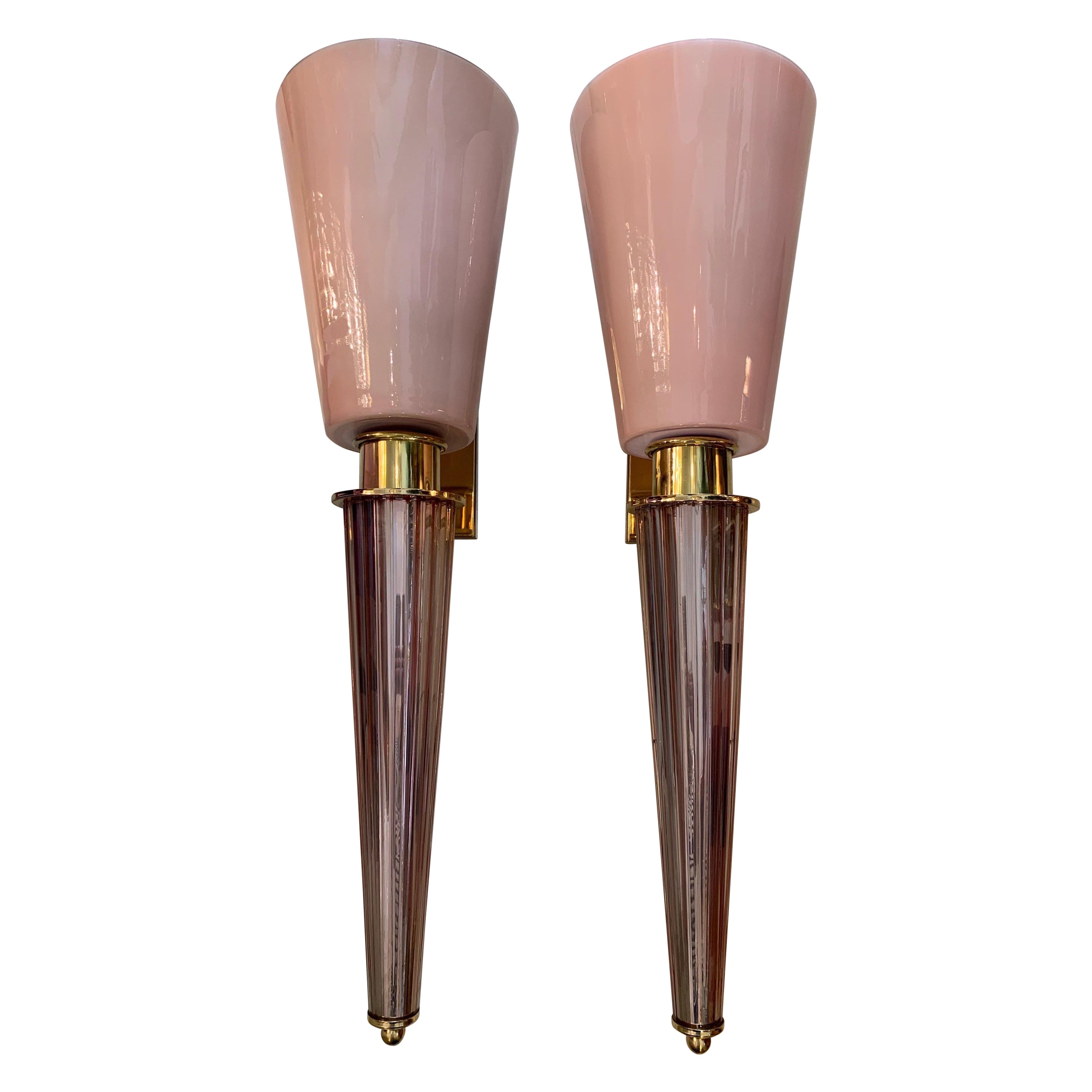 Pair of Art Deco Pink Conical Murano Wall Sconces, Brass Fittings, 1940s