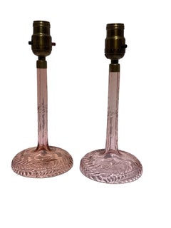 Pair of Art Deco Pink Etched Glass Column Lamps or Boudoir Lamps