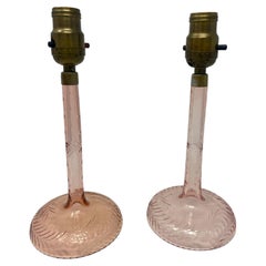 Pair of Art Deco Pink Etched Glass Column Lamps or Boudoir Lamps