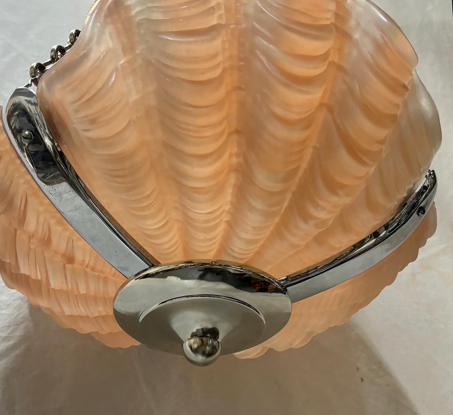 French Pair of Art Deco Pink Glass Shell Light Fixtures, Sold individually For Sale