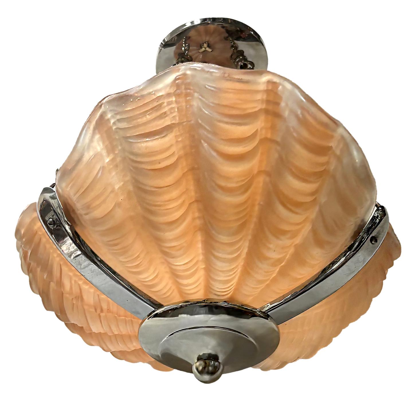 Pair of Art Deco Pink Glass Shell Light Fixtures, Sold individually In Good Condition For Sale In New York, NY