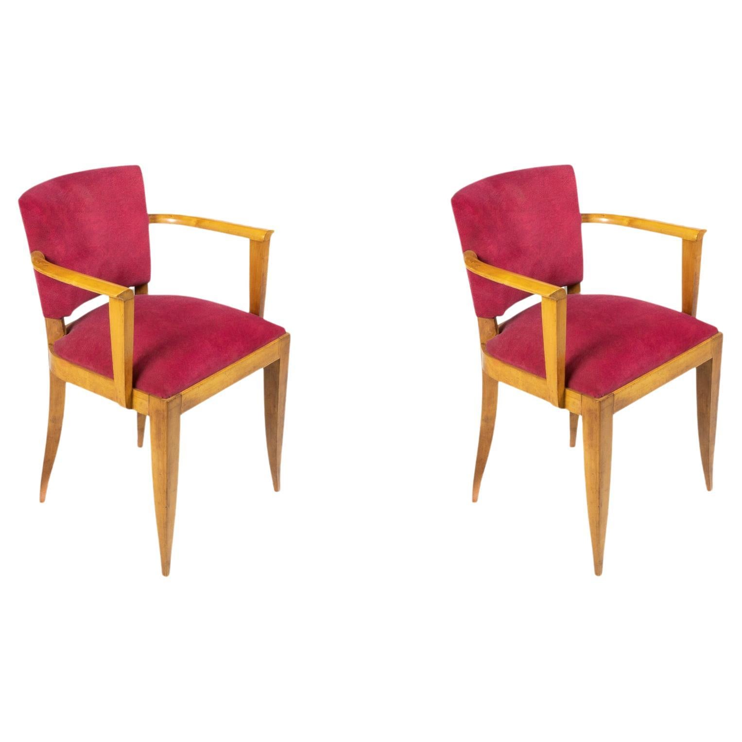 Paar Art-Déco-Brückenstühle aus rosa Samt, 1940er Jahre