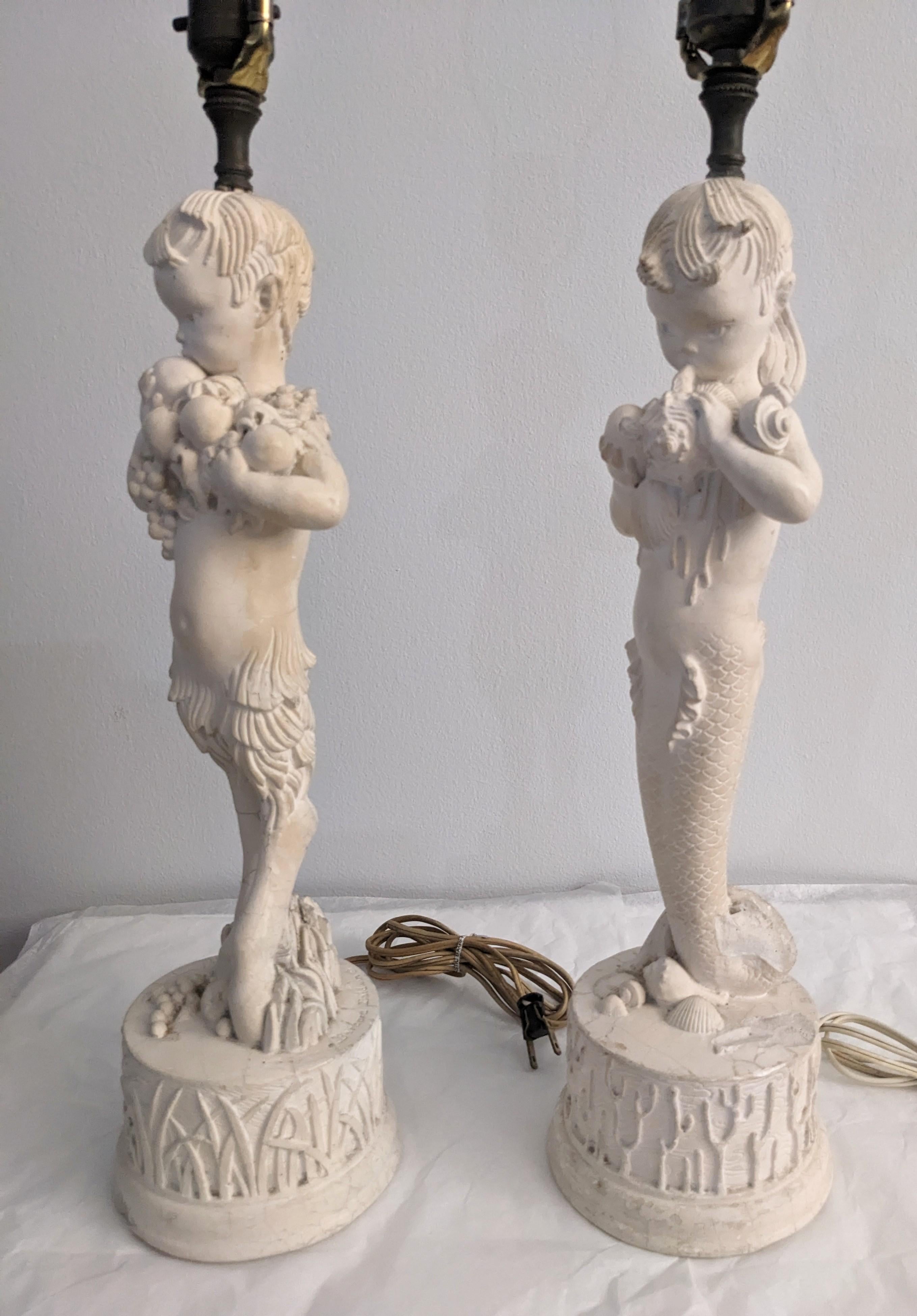 Pair of Art Deco Plaster Surrealist Figural Lamps In Good Condition For Sale In Riverdale, NY
