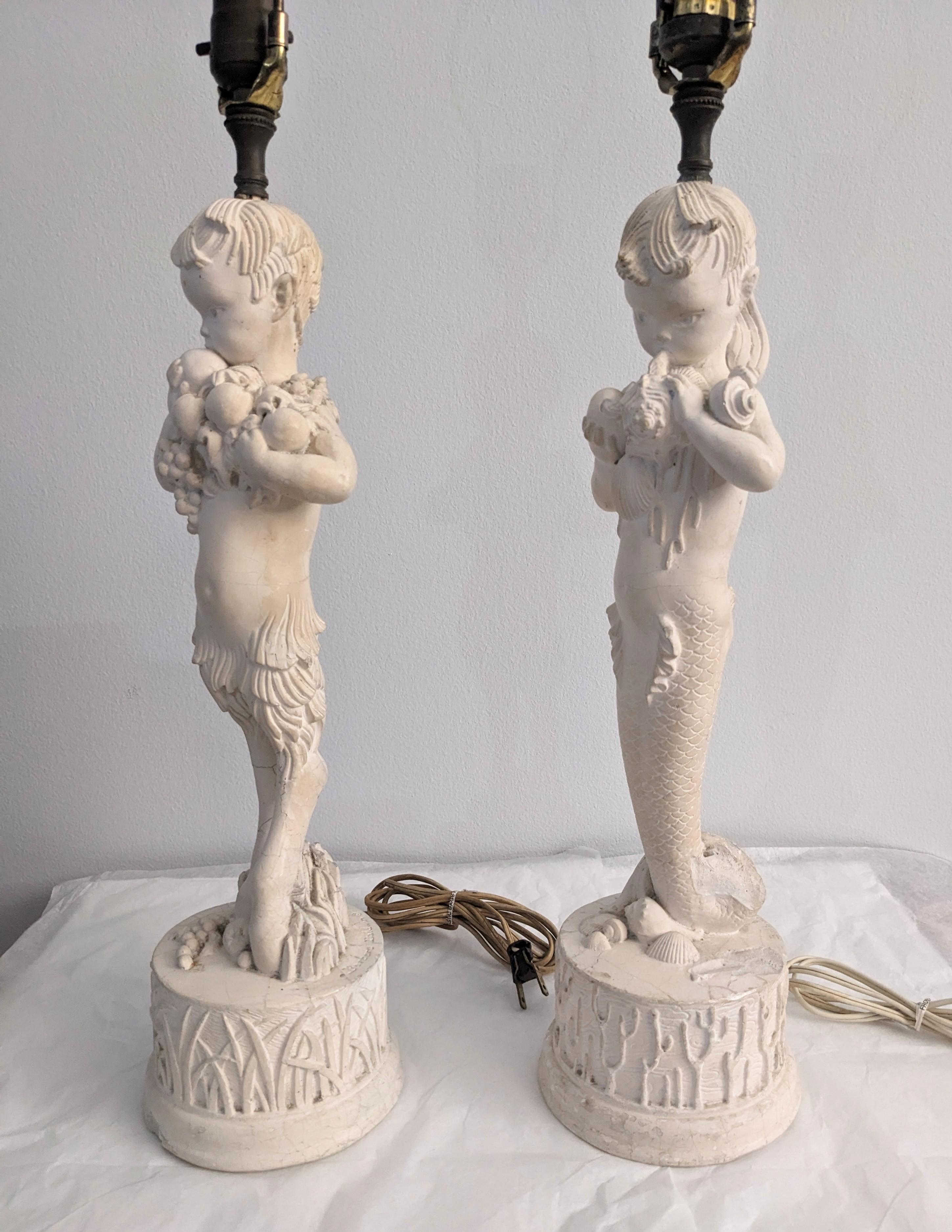 Mid-20th Century Pair of Art Deco Plaster Surrealist Figural Lamps For Sale