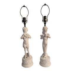 Vintage Pair of Art Deco Plaster Surrealist Figural Lamps
