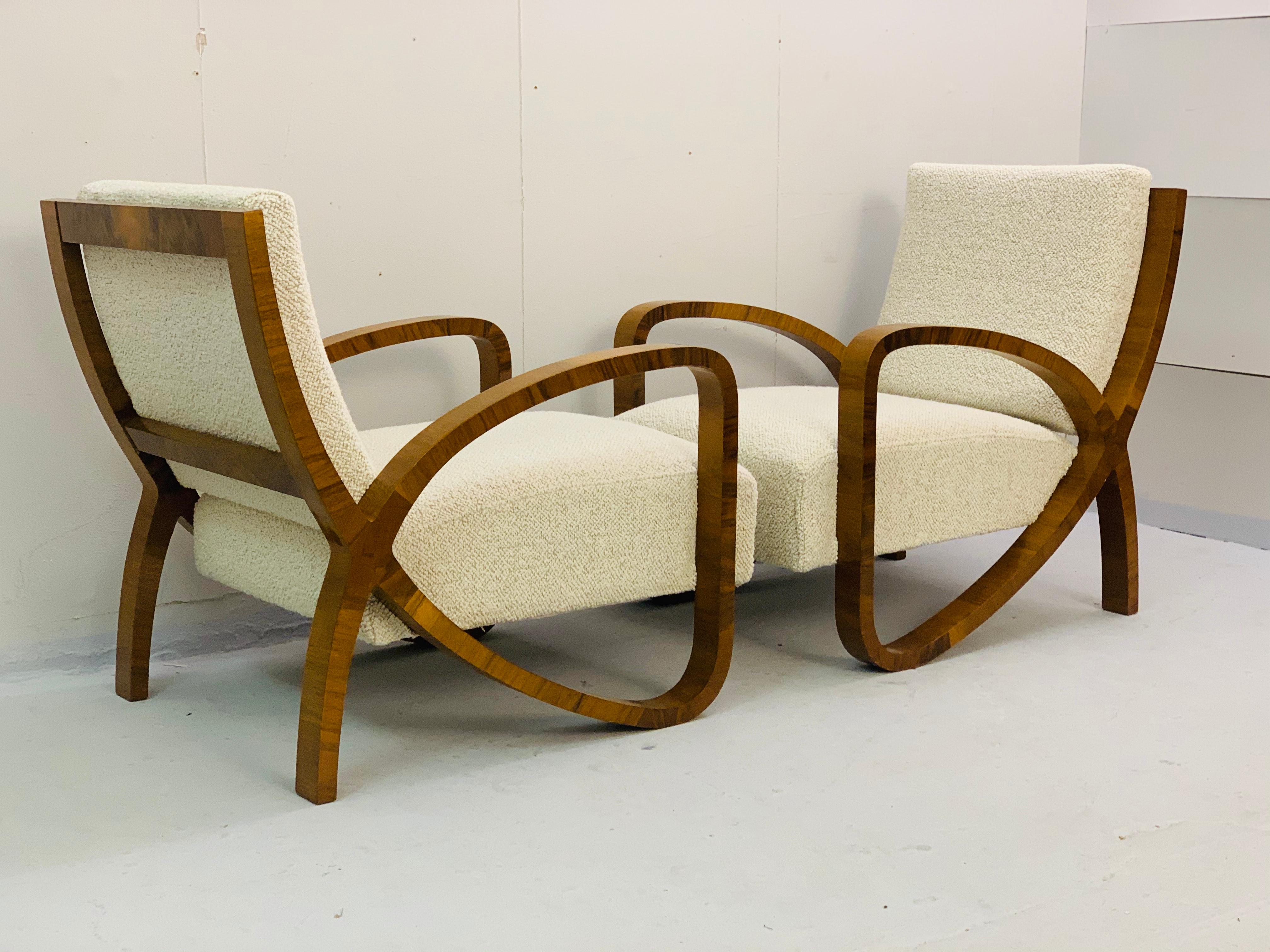 Belgian Pair of Art Deco Plating Walnut Armchairs