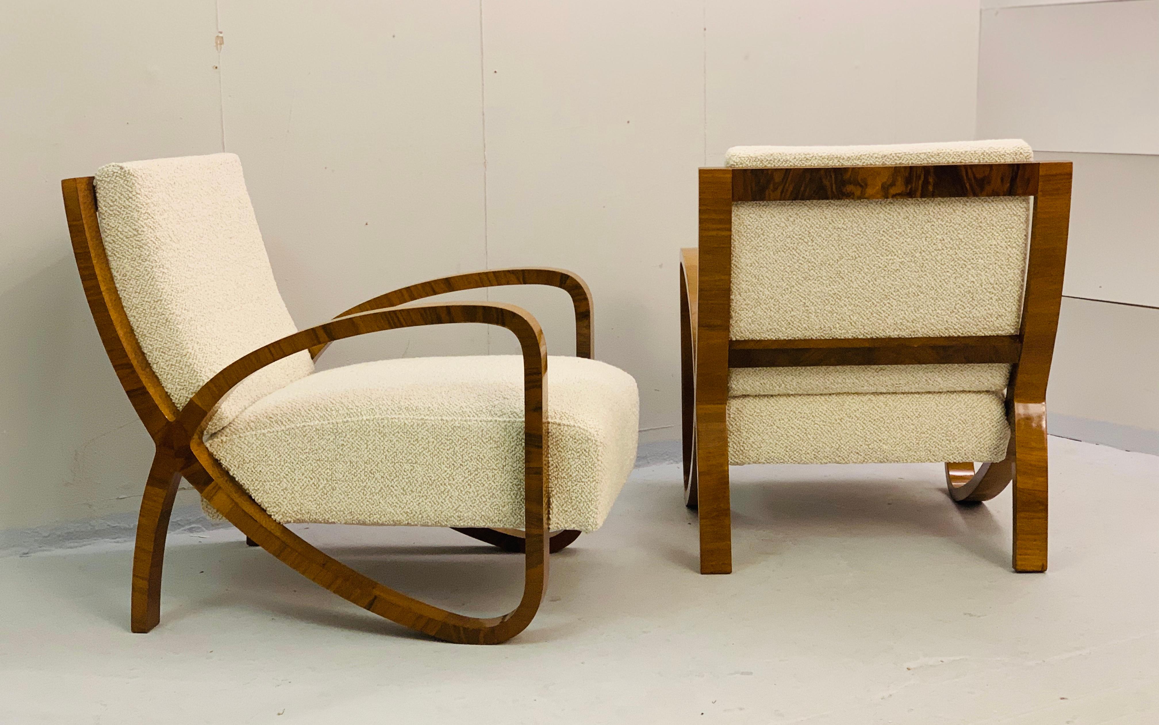 Mid-20th Century Pair of Art Deco Plating Walnut Armchairs
