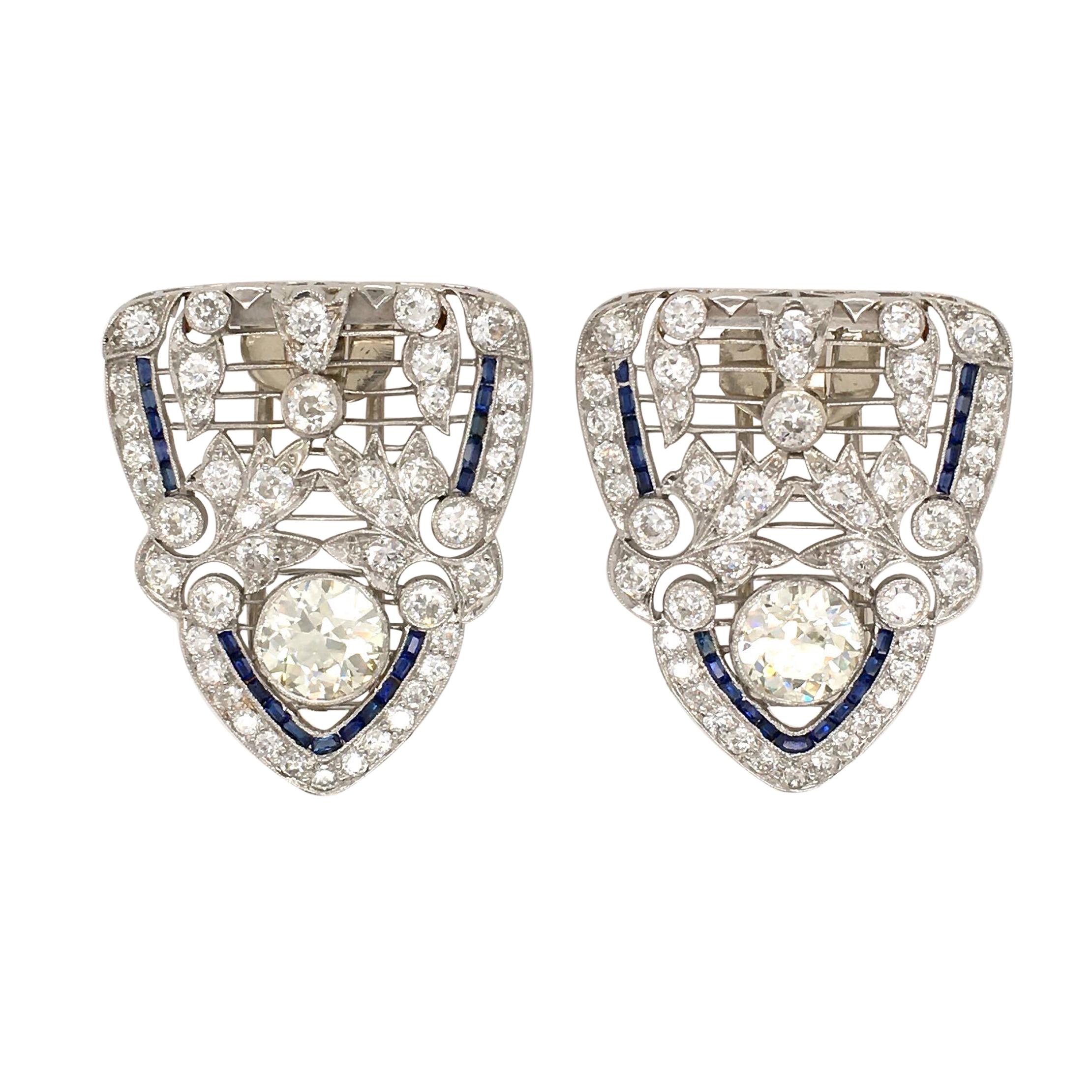 Pair of Art Deco, Platinum, Diamond and Sapphire Clip Brooches