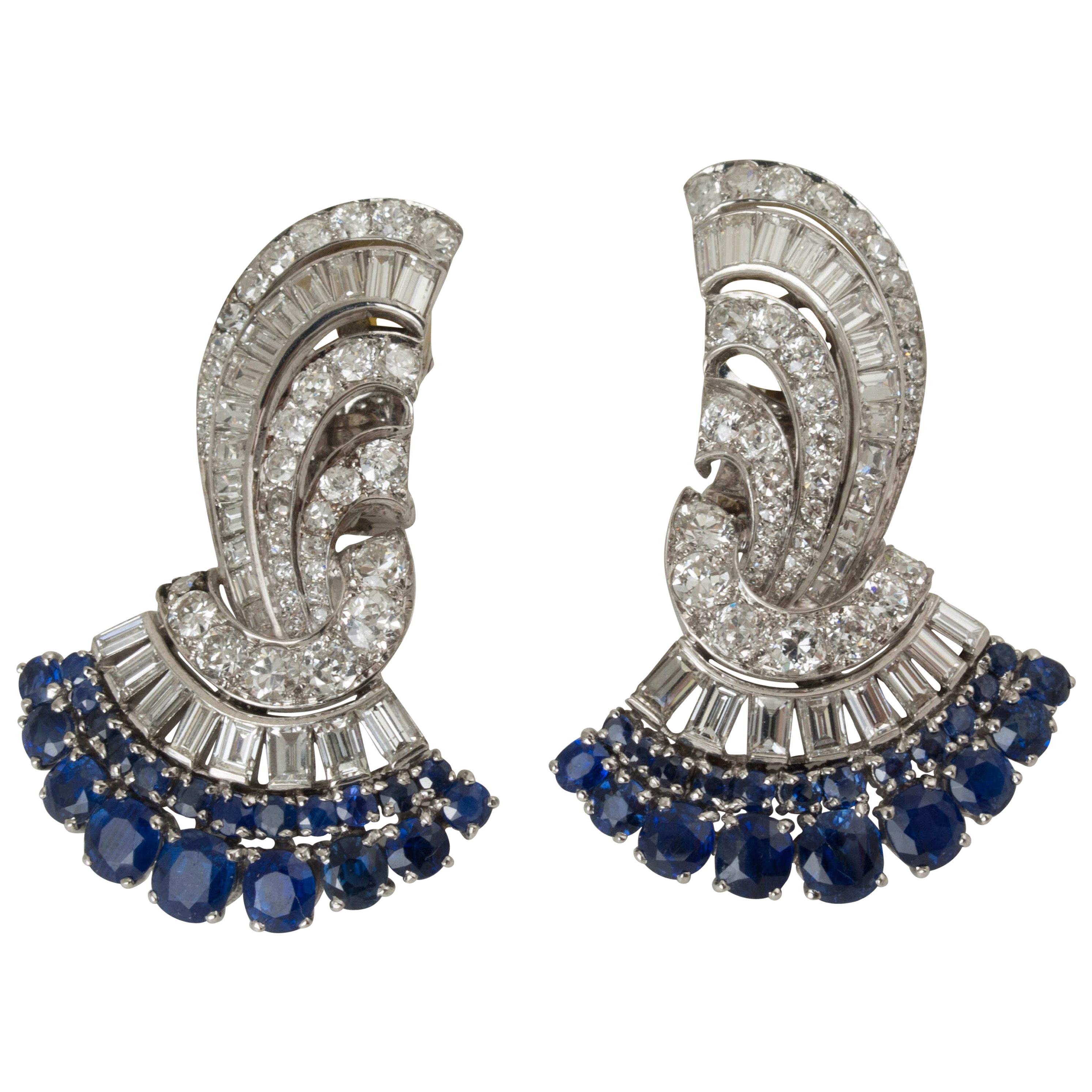 Pair of Art Deco Platinum, Sapphire, Diamond Fan Shaped Ear Clips