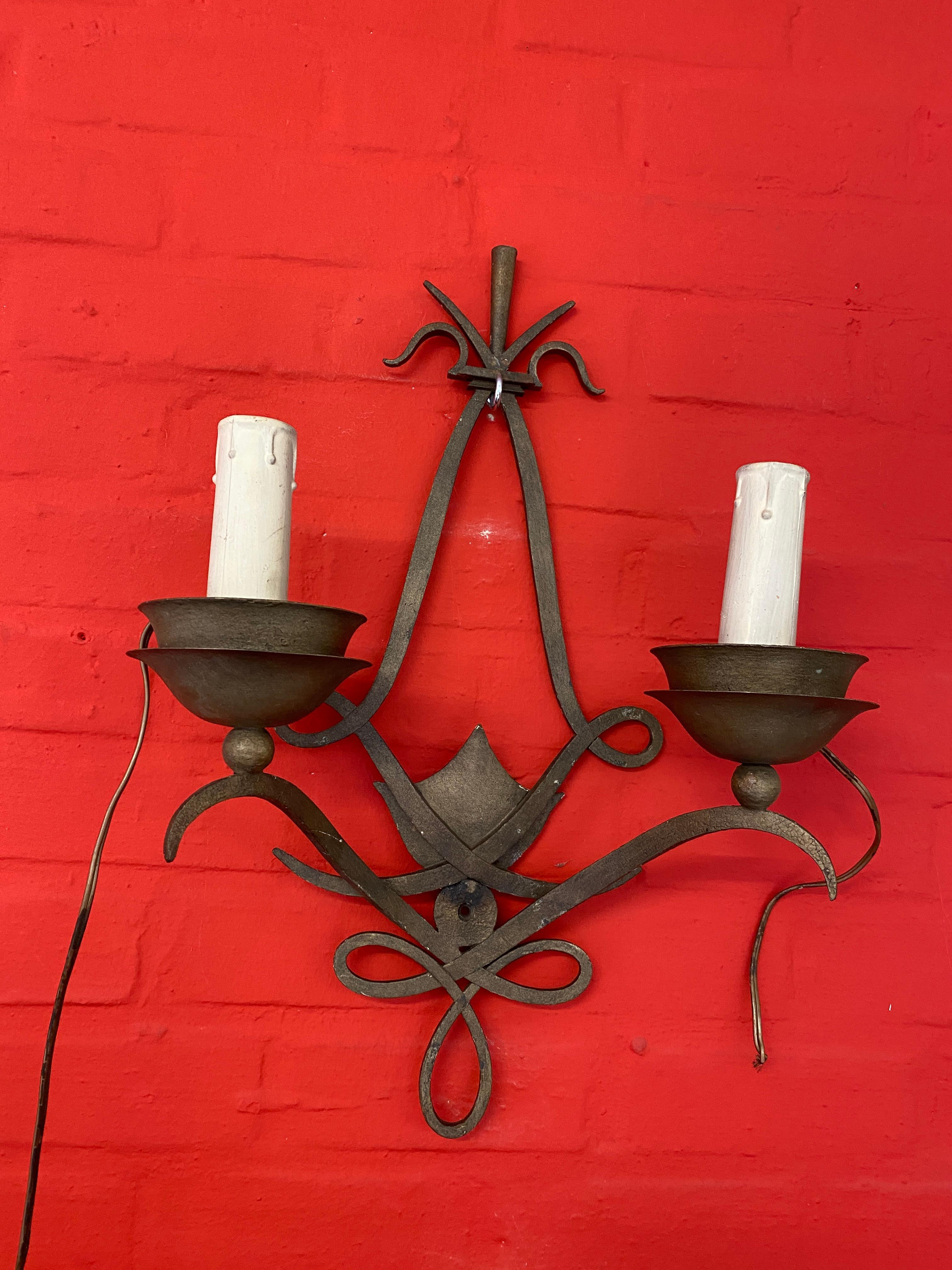 Pair of Art Deco Poillerat Style Wall Sconces, French, 1940s 3