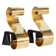 Pair of Art Deco Polished Brass and Black Iron Scroll Form by Raymond Subes