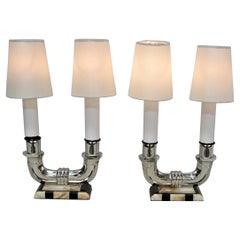 Pair of Art Deco Polished Nickel Candelabra Table Lamps 