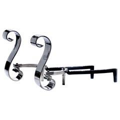 Pair of Art Deco Polished Nickel Scroll Andirons