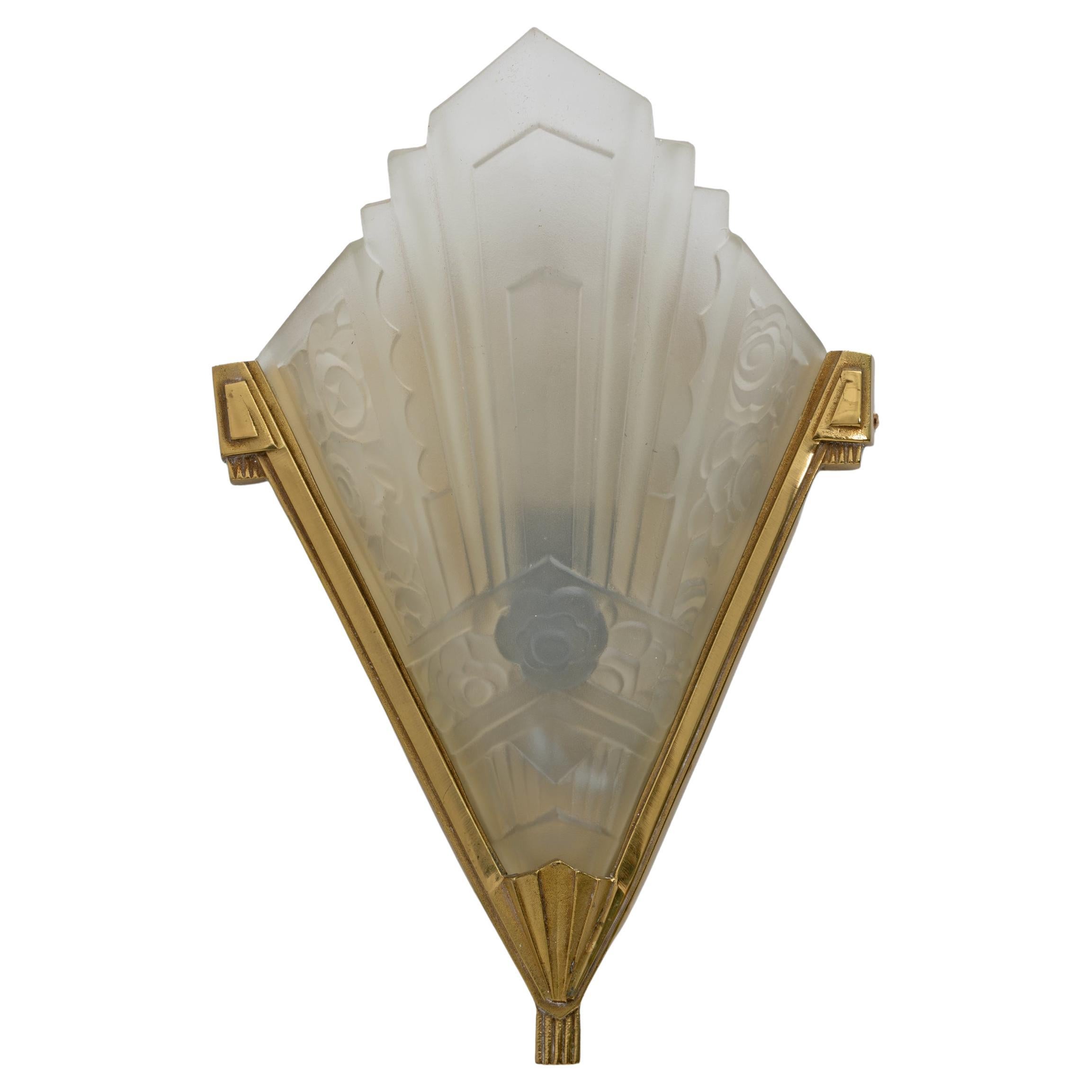 Pair of Art Deco Pressed Glass and Brass Sconces, France, 1930s